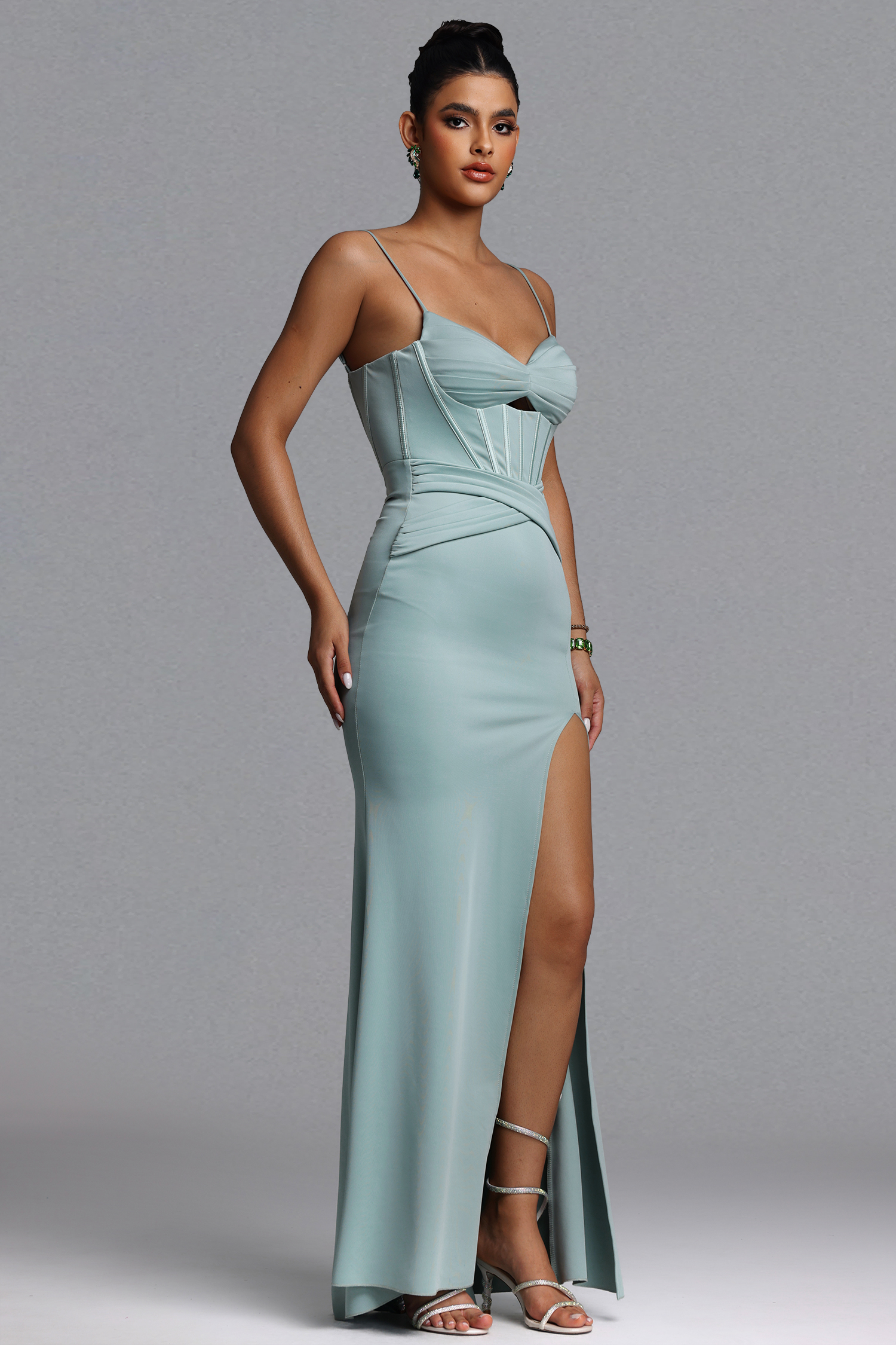 Tutti Romantic Contour Cut Out Pleated Satin Green Maxi Dress