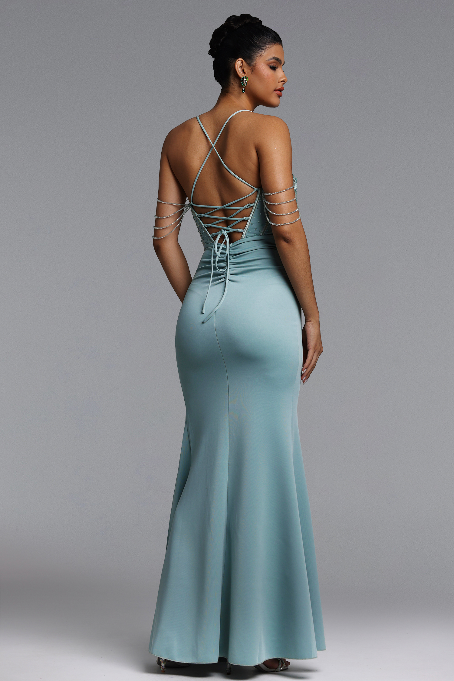 Miaka Elegant Contour Pleated Embellished Floral Satin Maxi Dress