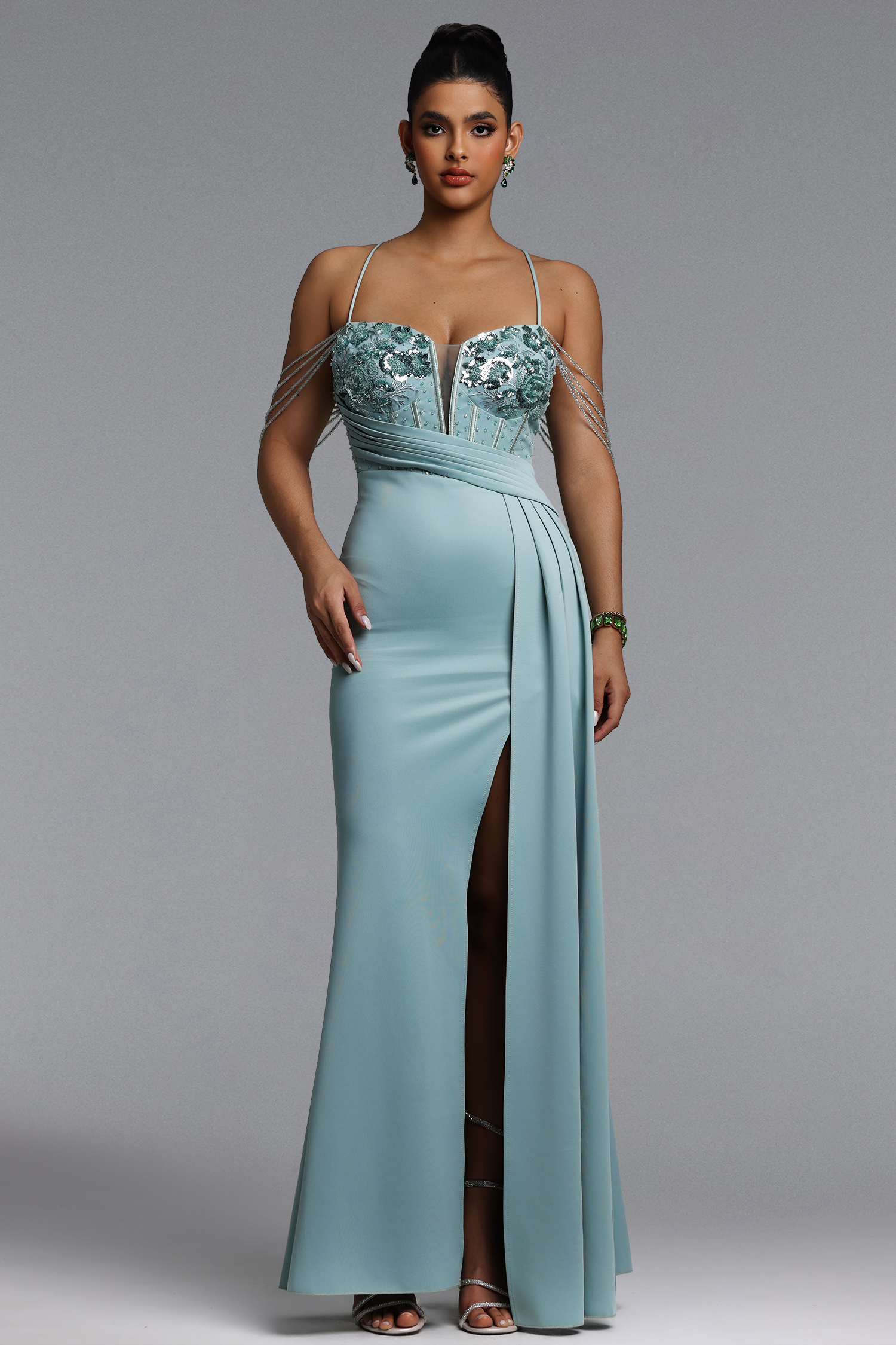 Miaka Elegant Contour Pleated Embellished Floral Satin Maxi Dress