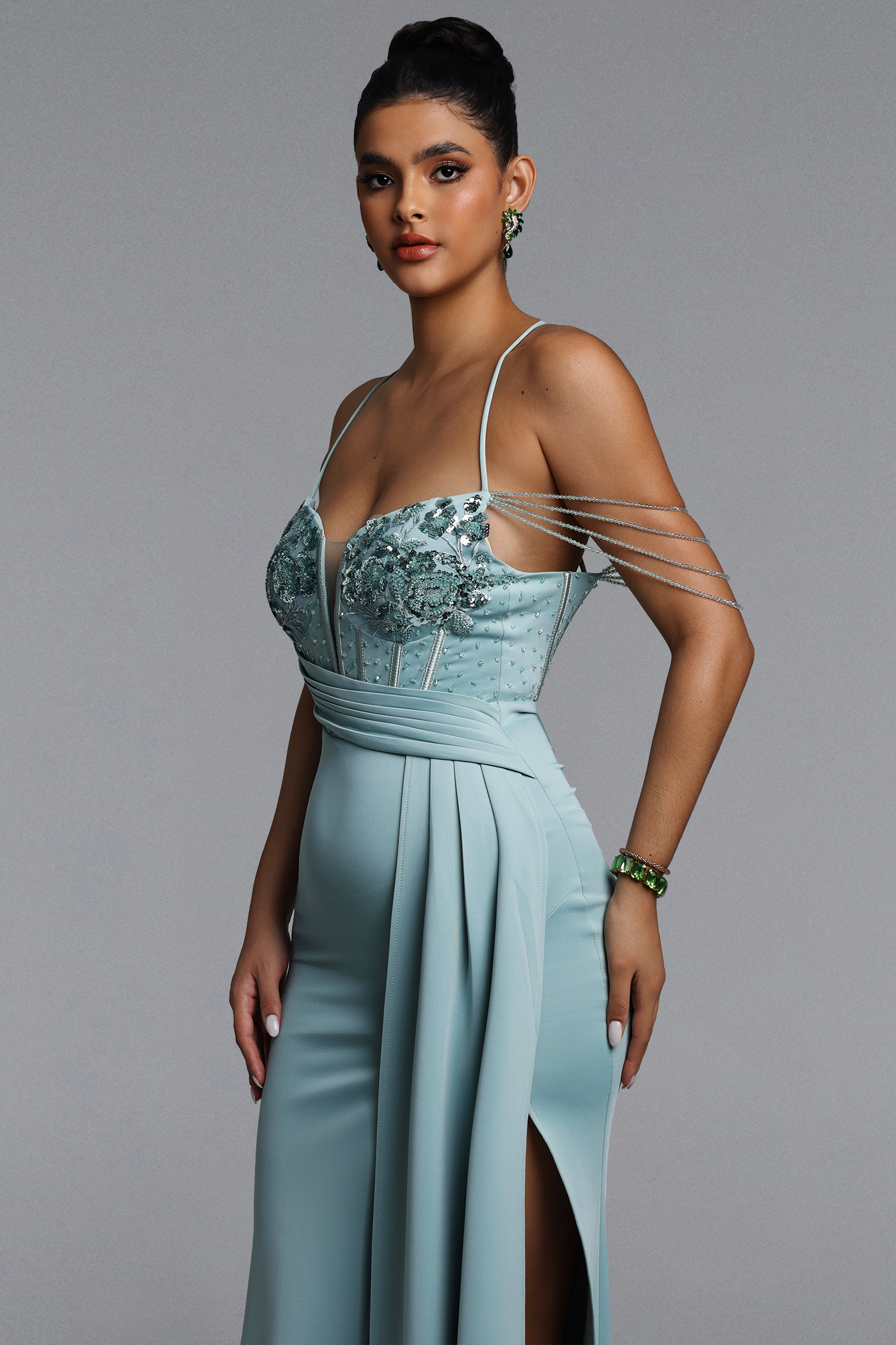 Miaka Elegant Contour Pleated Embellished Floral Satin Maxi Dress