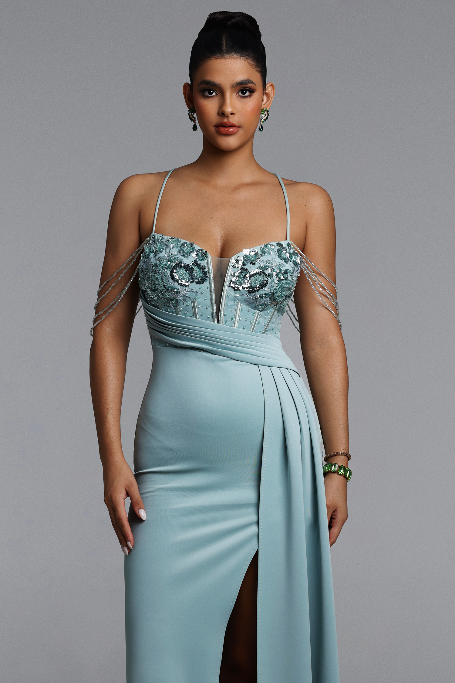 Miaka Elegant Contour Pleated Embellished Floral Satin Maxi Dress
