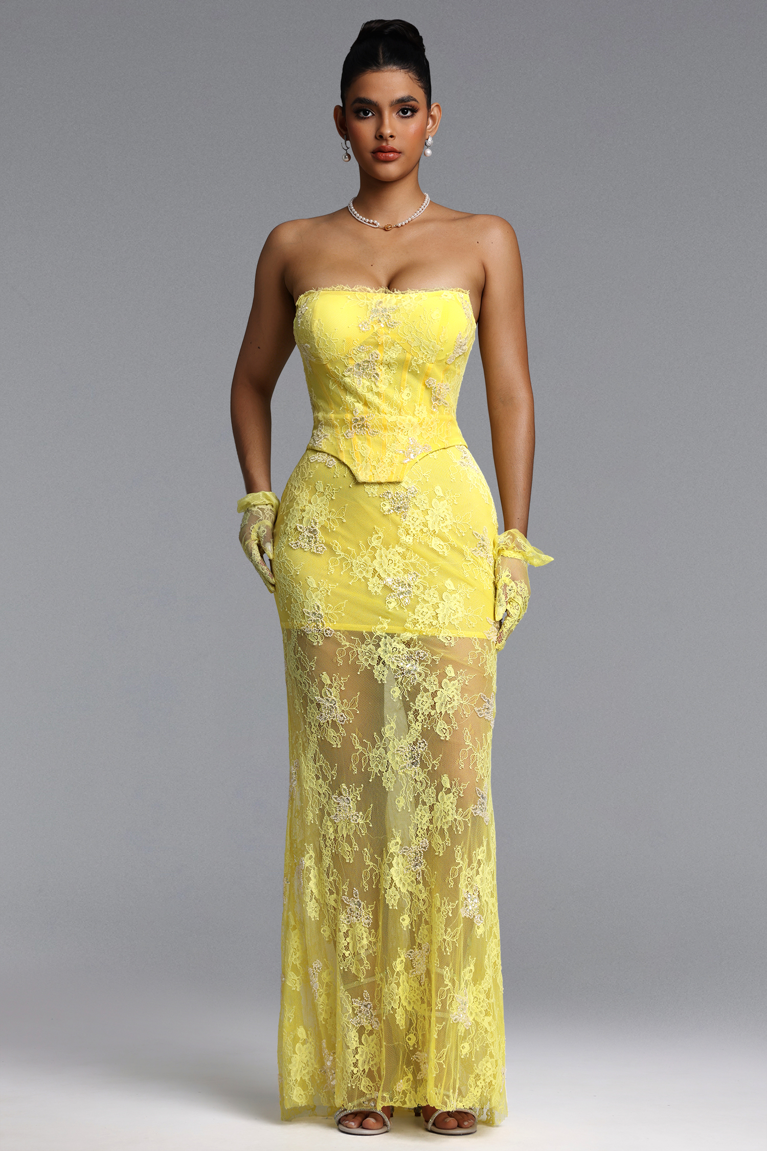 Oiala Romantic Contour Strapless Lace Corset Maxi Dress