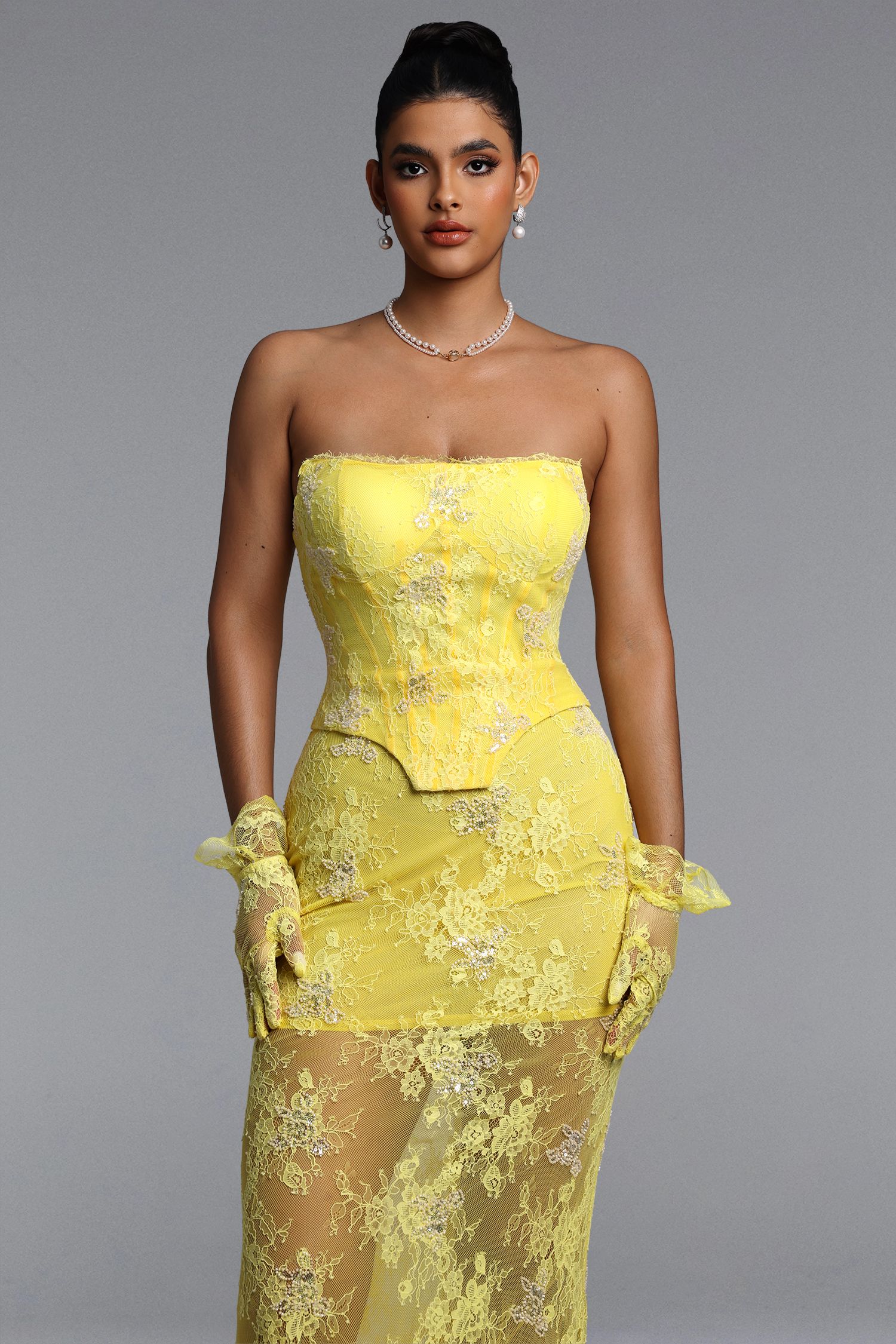 Oiala Romantic Contour Strapless Lace Corset Maxi Dress