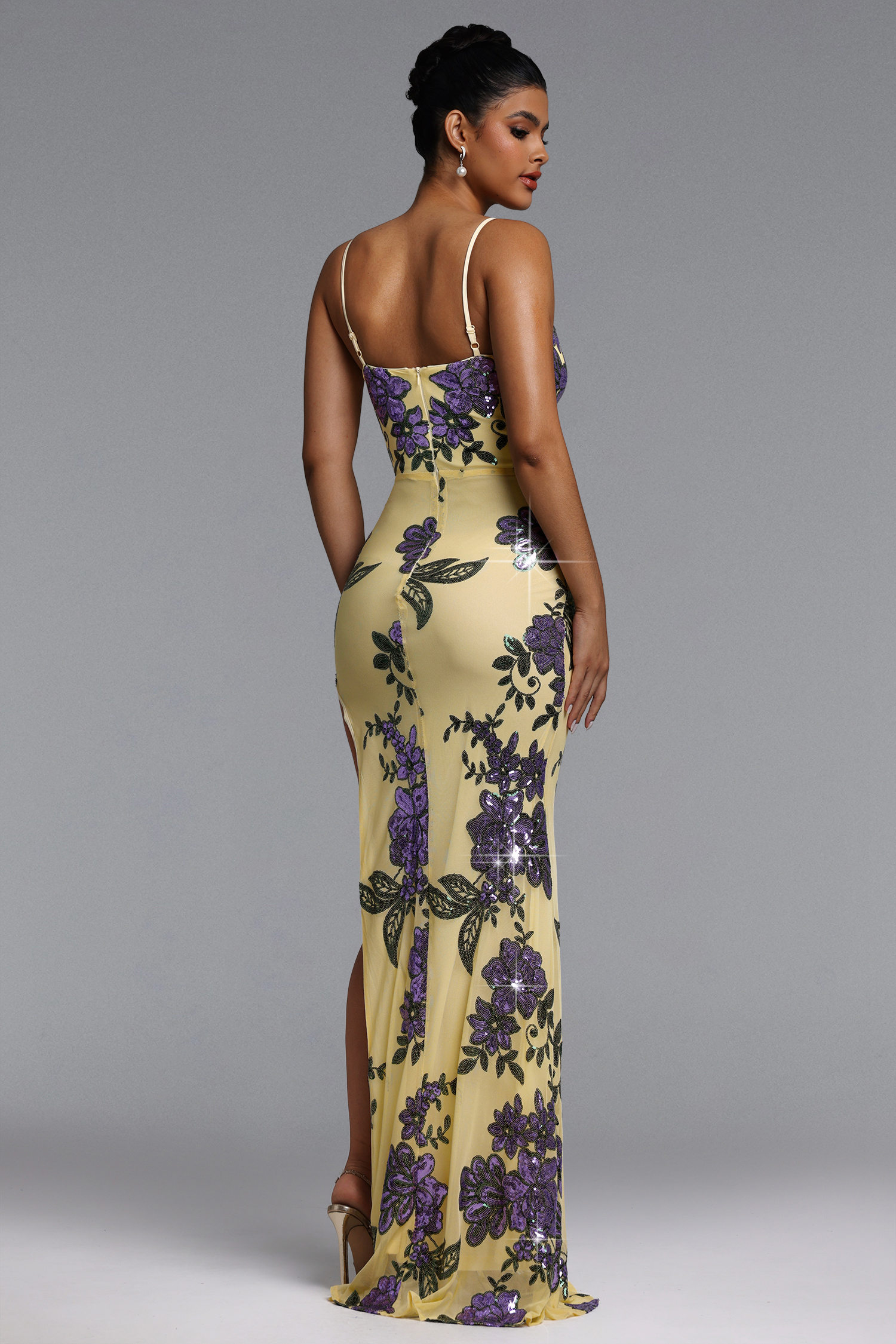 Lenny Chic Contour V Neck Floral Sequin Maxi Dress