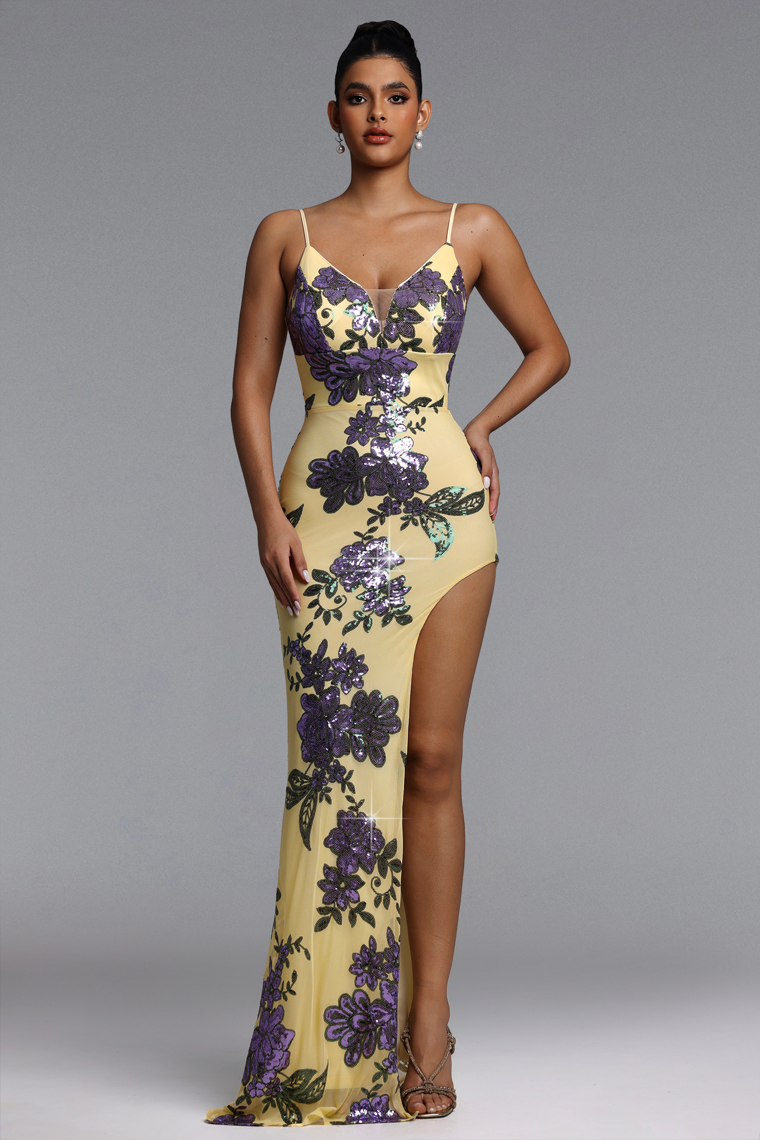 Lenny Chic Contour V Neck Floral Sequin Maxi Dress