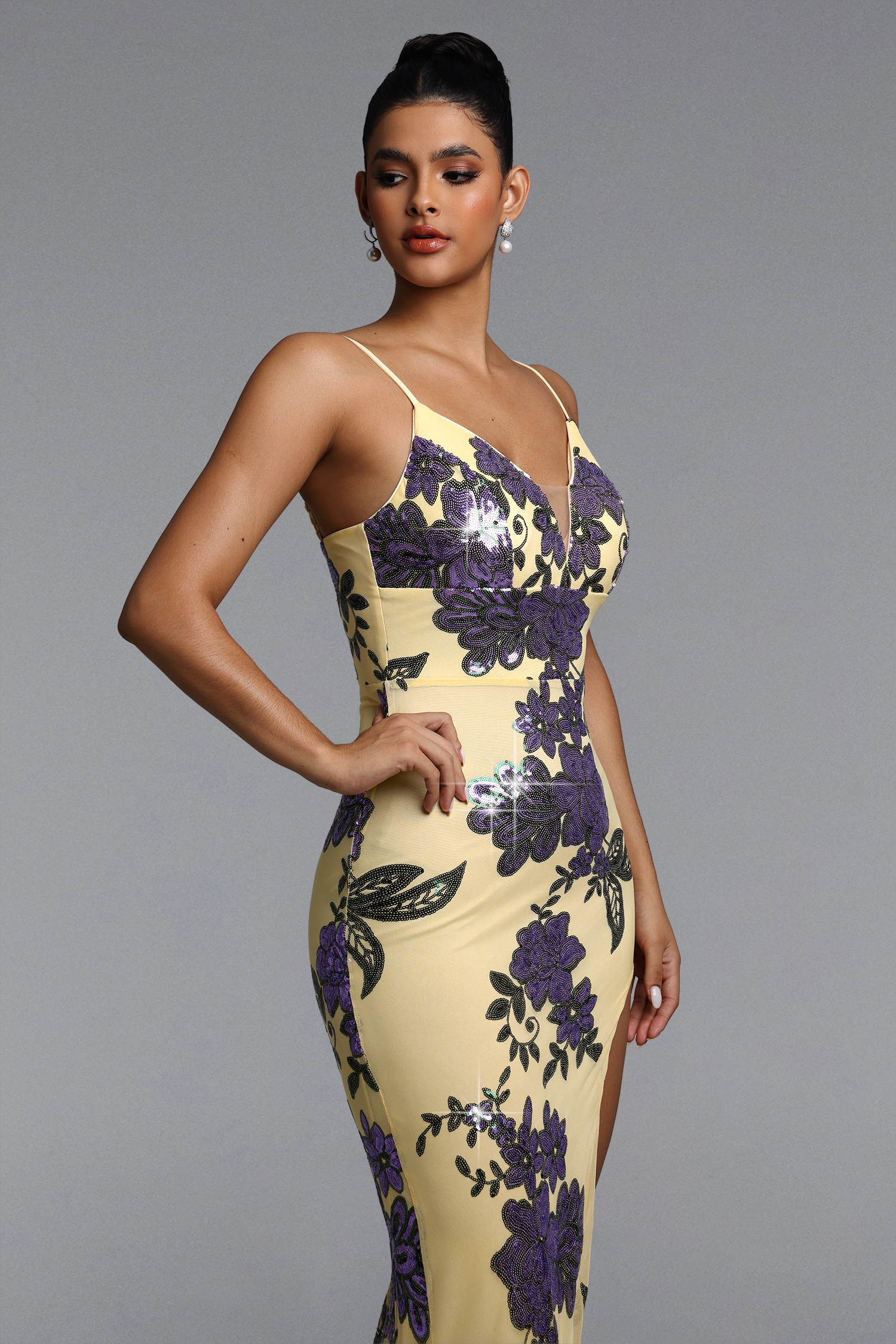 Lenny Chic Contour V Neck Floral Sequin Maxi Dress