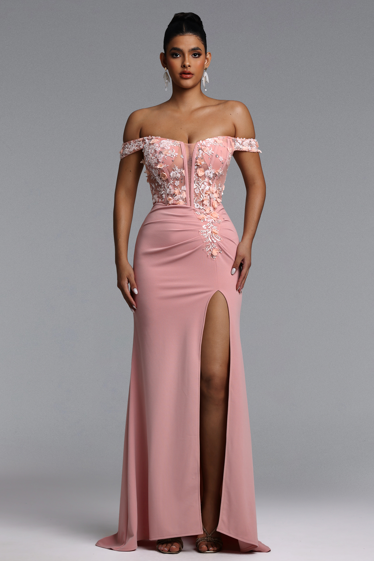 Takila Romantic Tailored Off Shoulder Pleated Floral Maxi Dress
