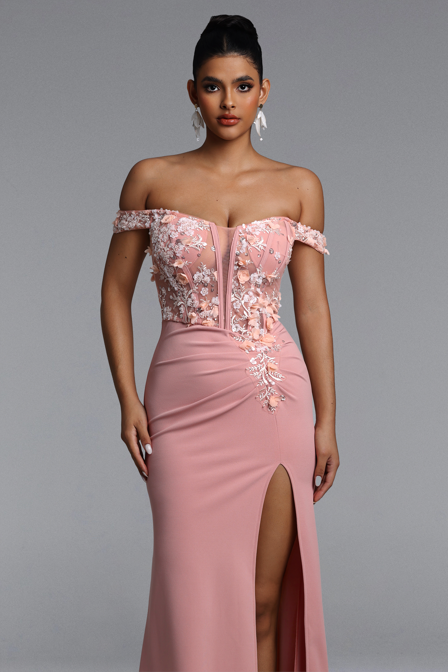 Takila Romantic Tailored Off Shoulder Pleated Floral Maxi Dress