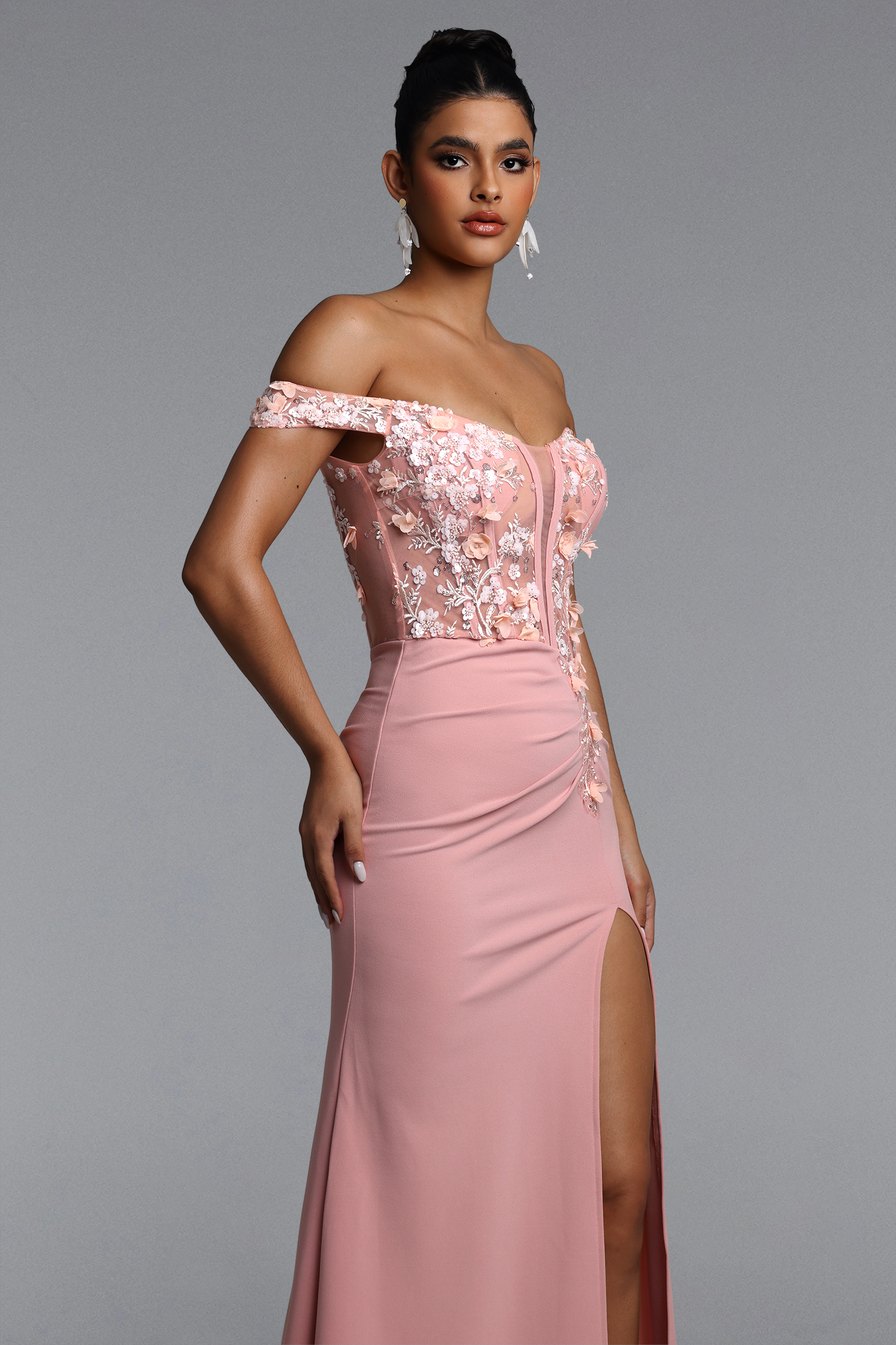 Takila Romantic Tailored Off Shoulder Pleated Floral Maxi Dress