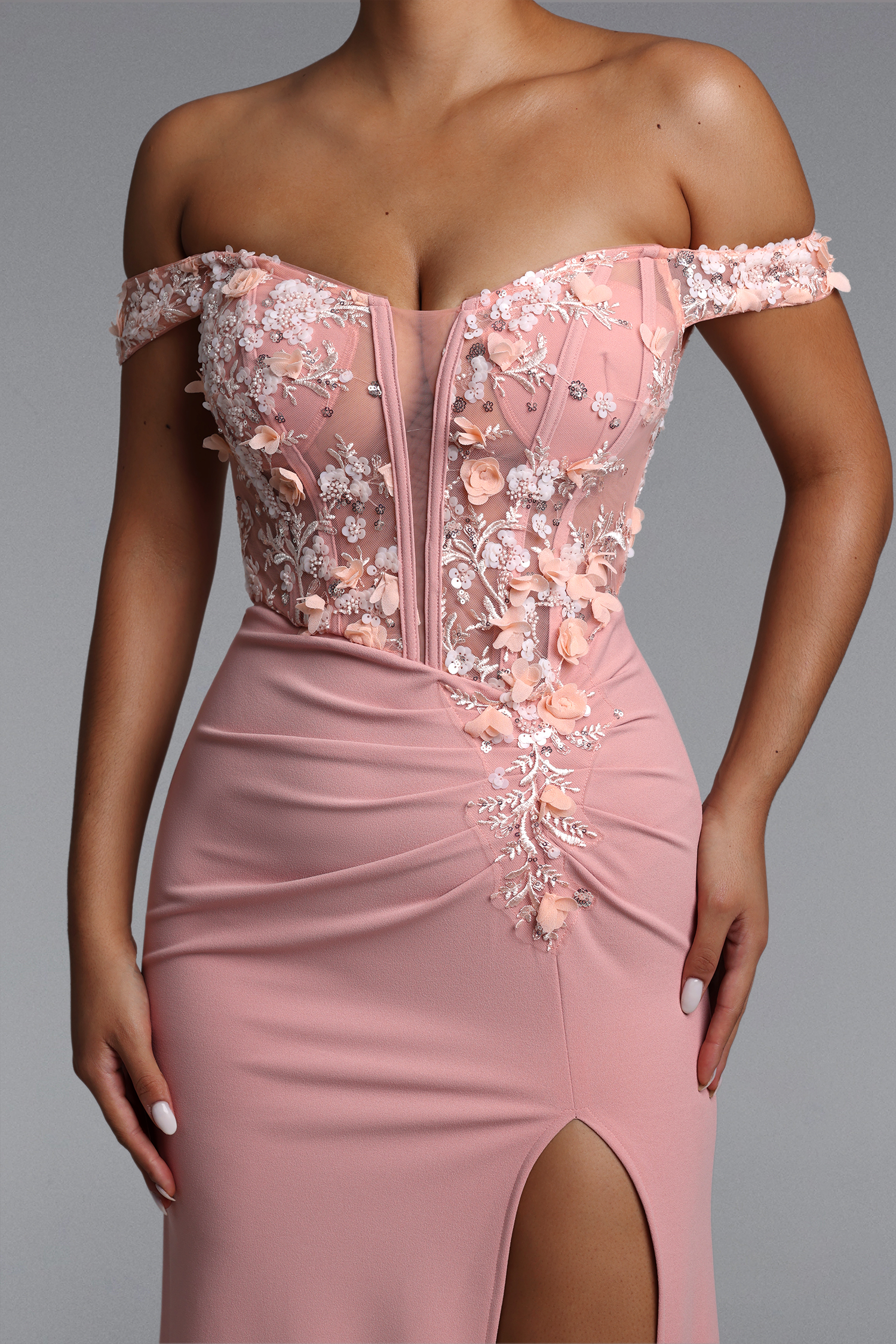 Takila Romantic Tailored Off Shoulder Pleated Floral Maxi Dress