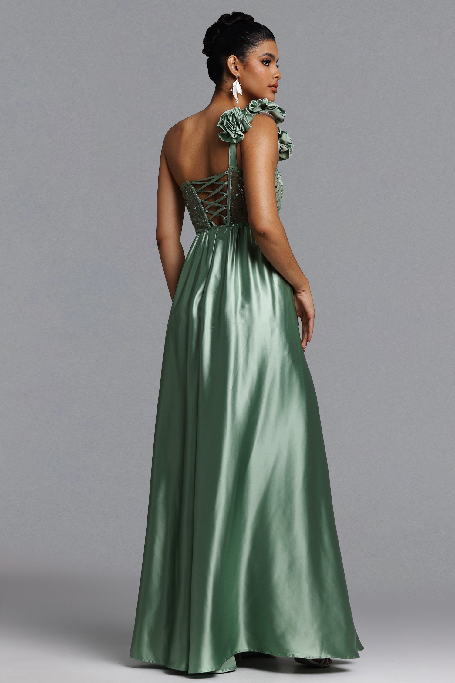 Zeren Elegant Tailored One Shoulder Sequin Maxi Dress