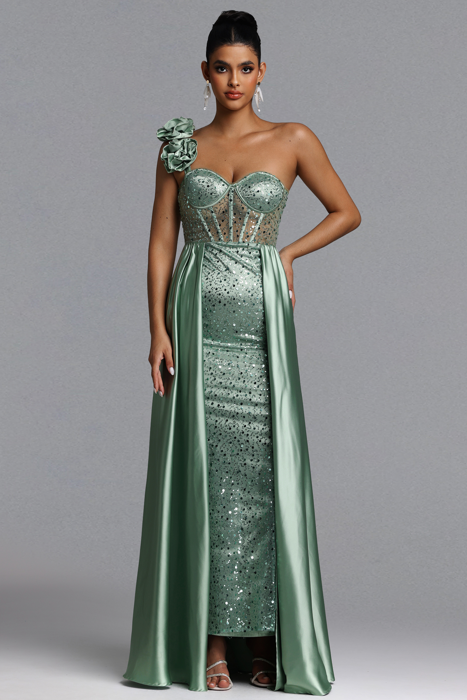 Zeren Elegant Tailored One Shoulder Sequin Maxi Dress