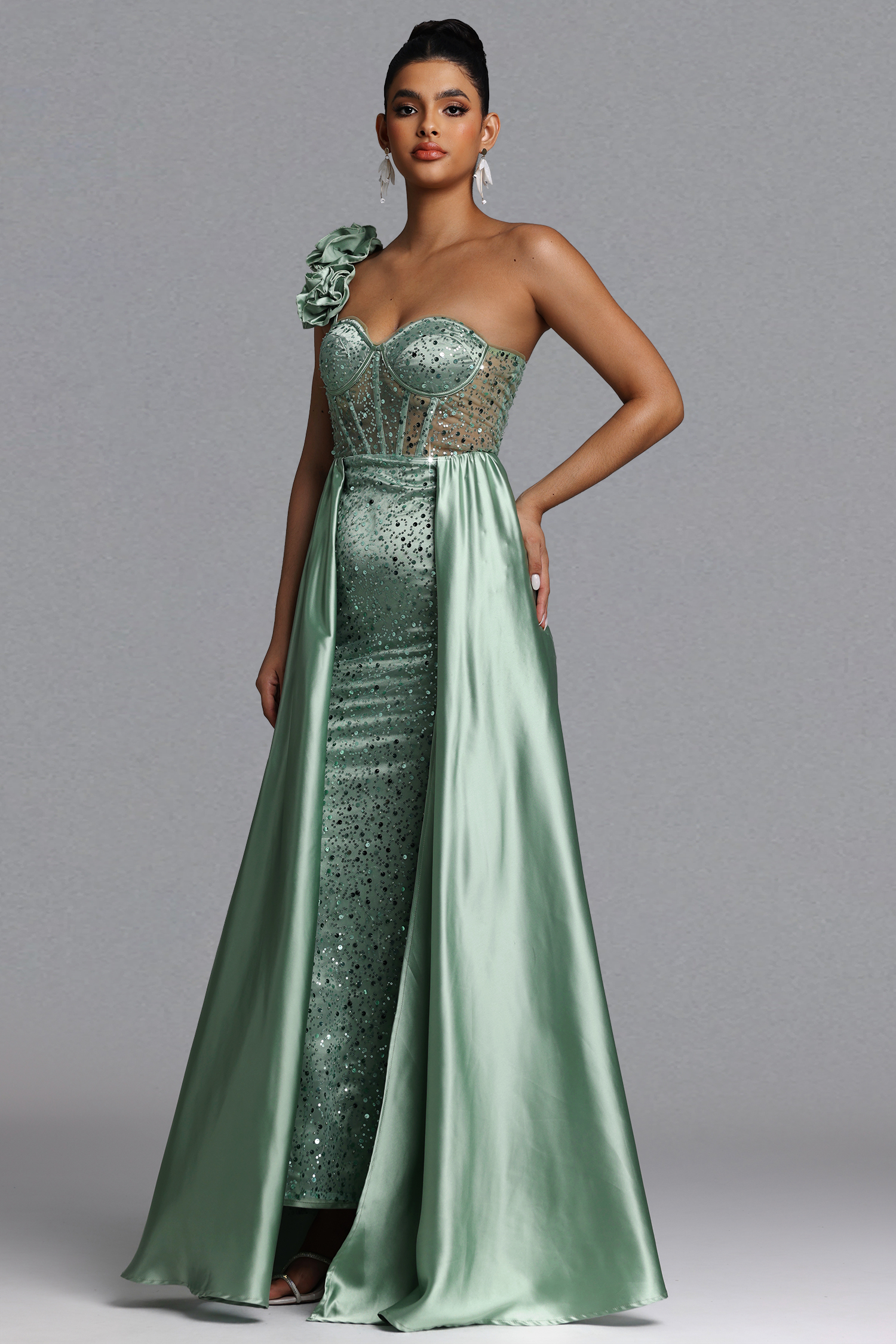 Zeren Elegant Tailored One Shoulder Sequin Maxi Dress