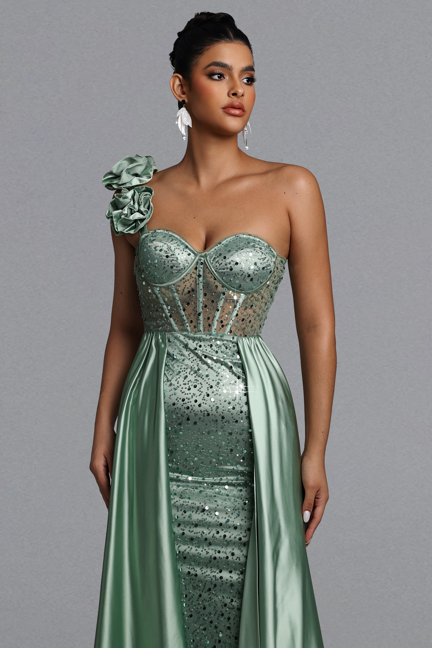 Zeren Elegant Tailored One Shoulder Sequin Maxi Dress