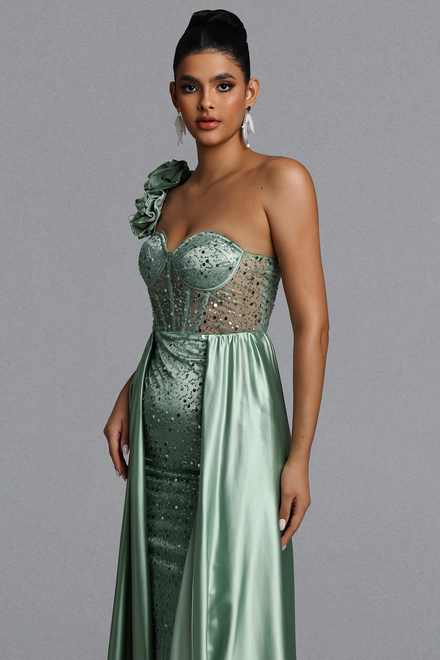 Zeren Elegant Tailored One Shoulder Sequin Maxi Dress