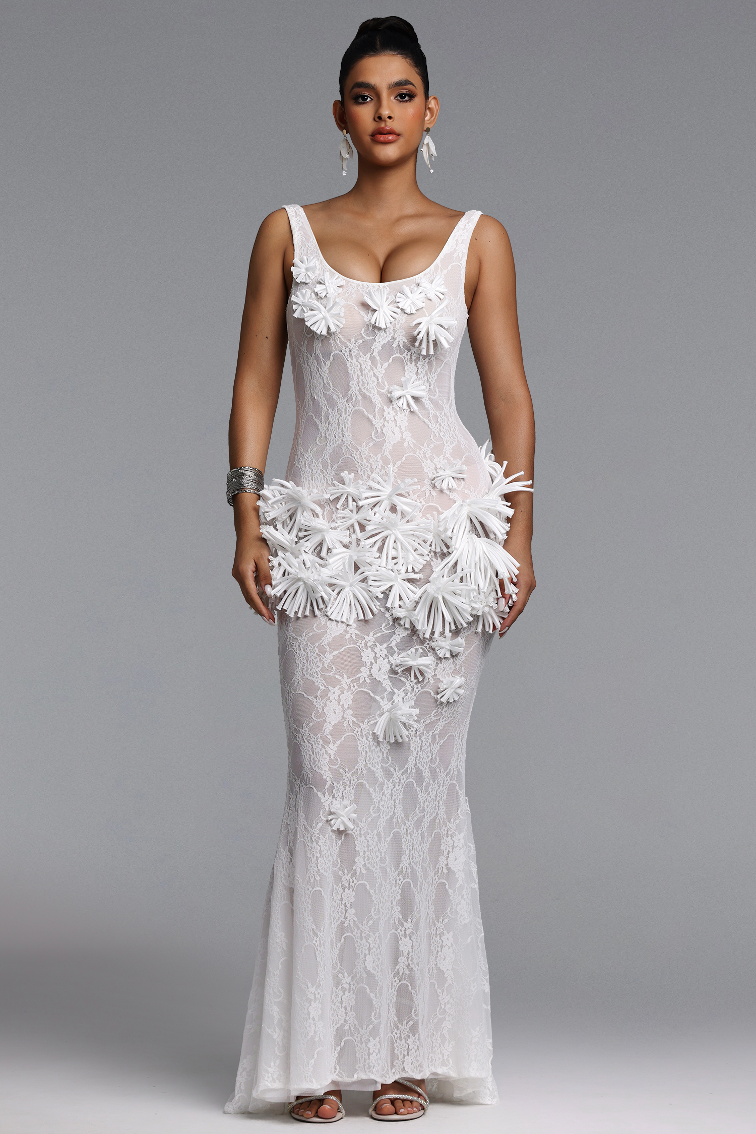 Uniena Romantic Contour Embellished Floral Lace Maxi Dress