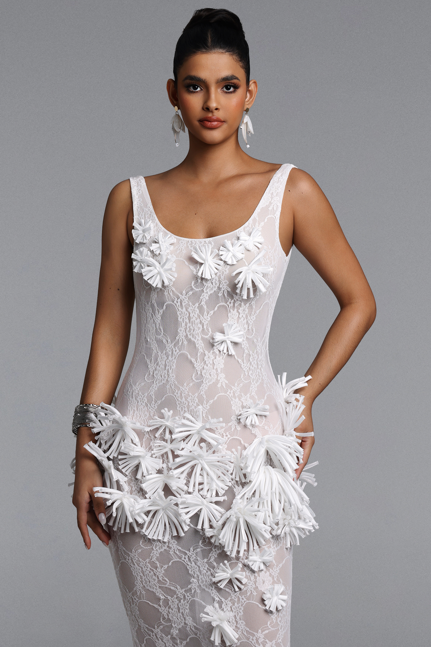 Uniena Romantic Contour Embellished Floral Lace Maxi Dress