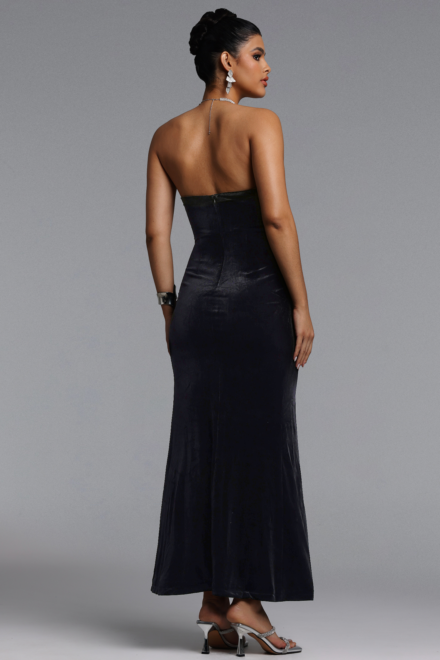 Lori Elegant Contour Strapless Crystal Velvet Maxi Dress
