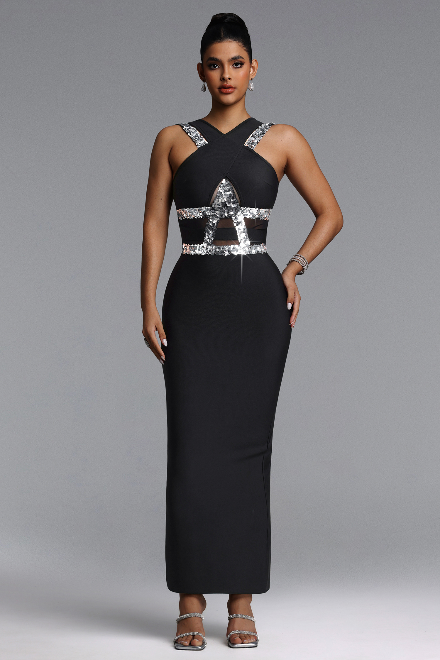 Oyata Chic Contour Halter Sequin Bandage Maxi Dress