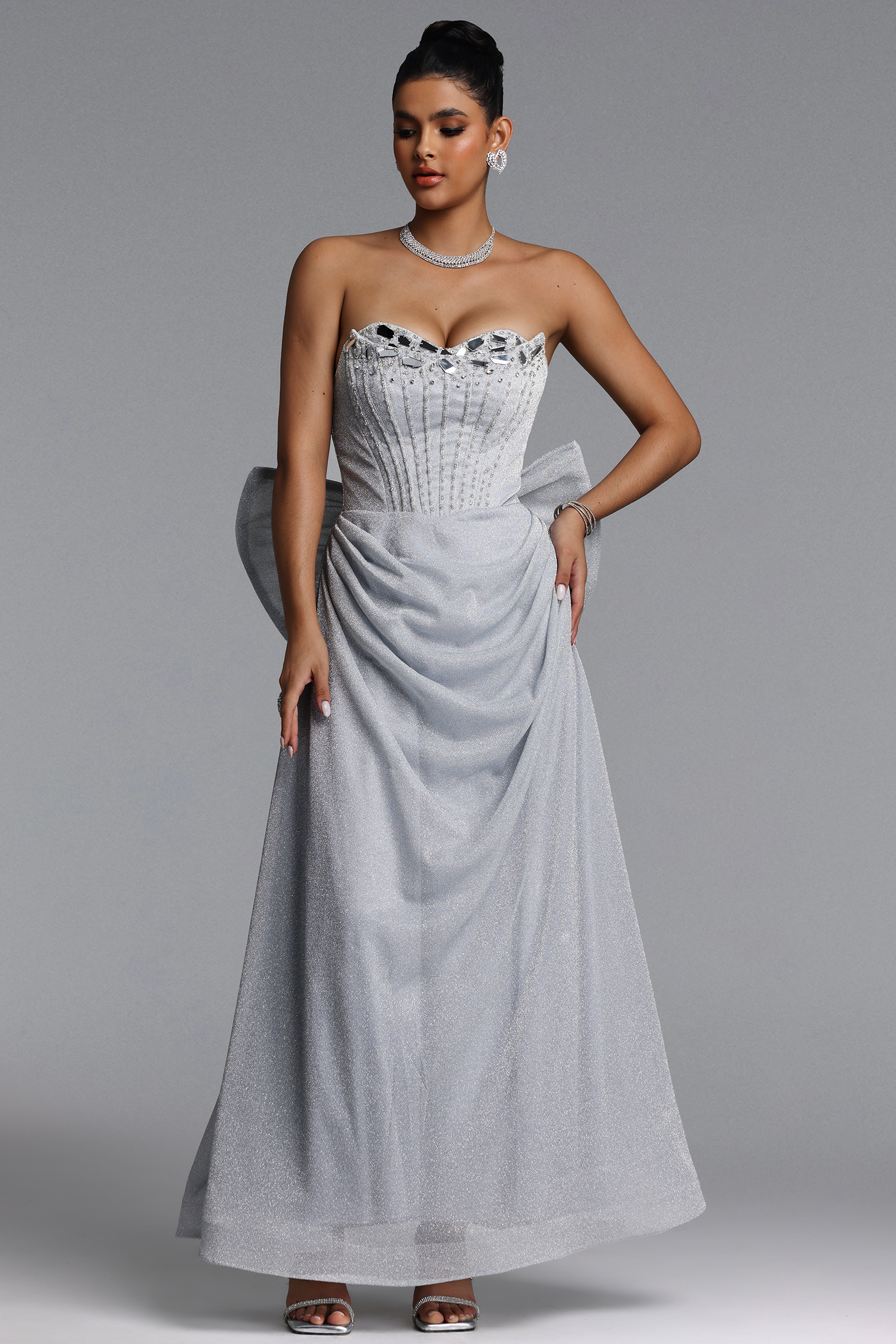 Rey Glamorous Tailored Pleated Mirror Glitter Maxi Dress