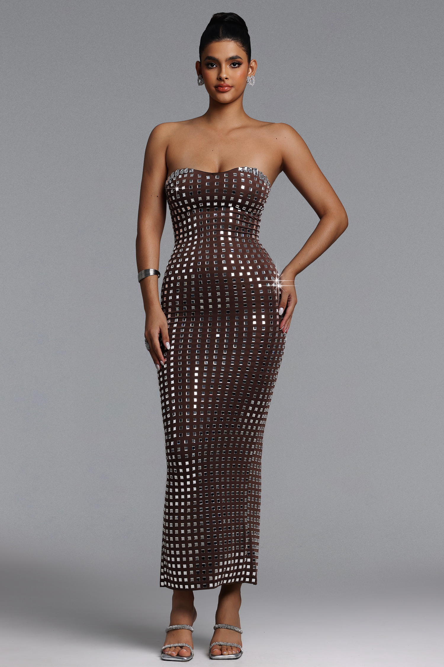 Wyatt Chic Contour Strapless Rhinestone Maxi Dress