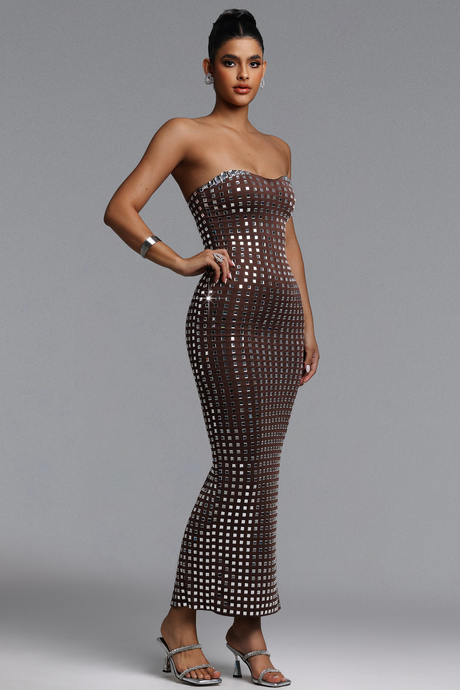 Wyatt Chic Contour Strapless Rhinestone Maxi Dress