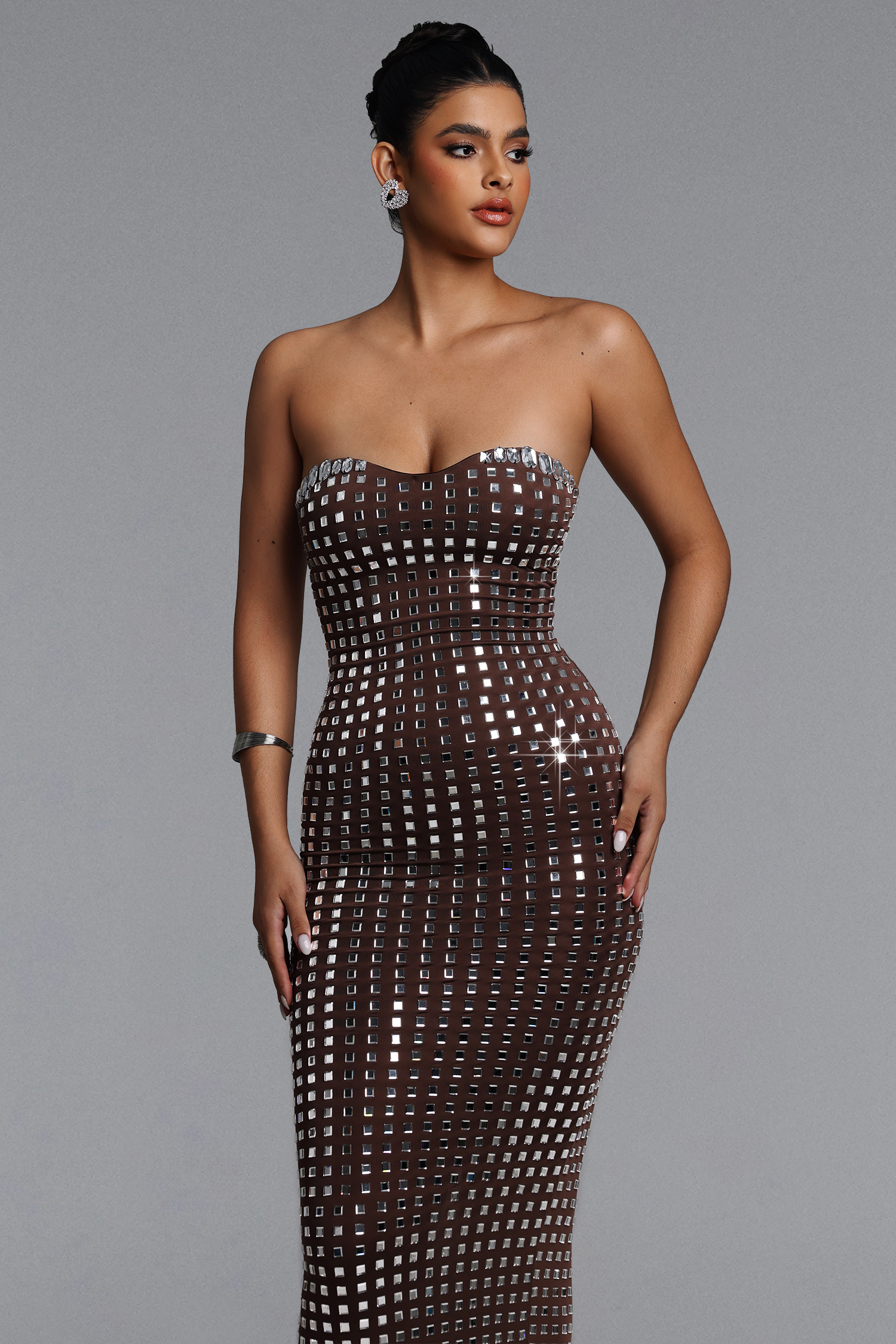 Wyatt Chic Contour Strapless Rhinestone Maxi Dress