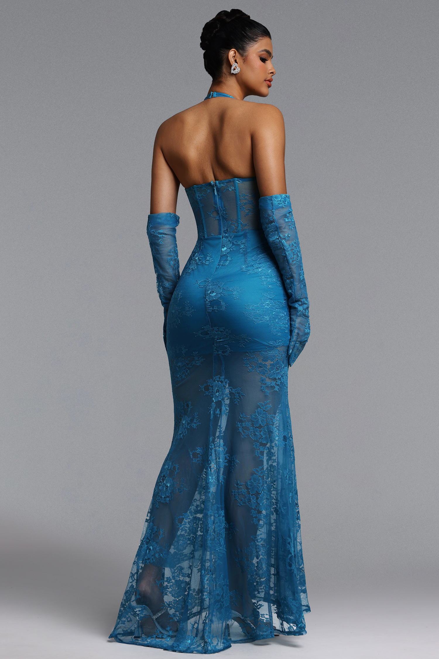 Jensen Chic Contour Halter Ruched Lace Maxi Dress
