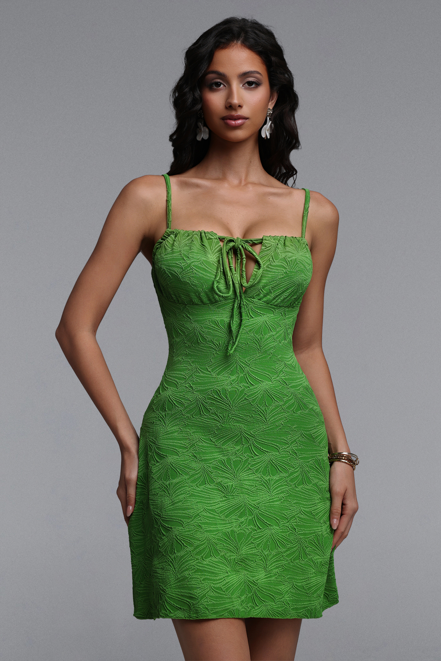 Viaya Resort Cinched Sleeveless Jacquard Woven Mini Dress