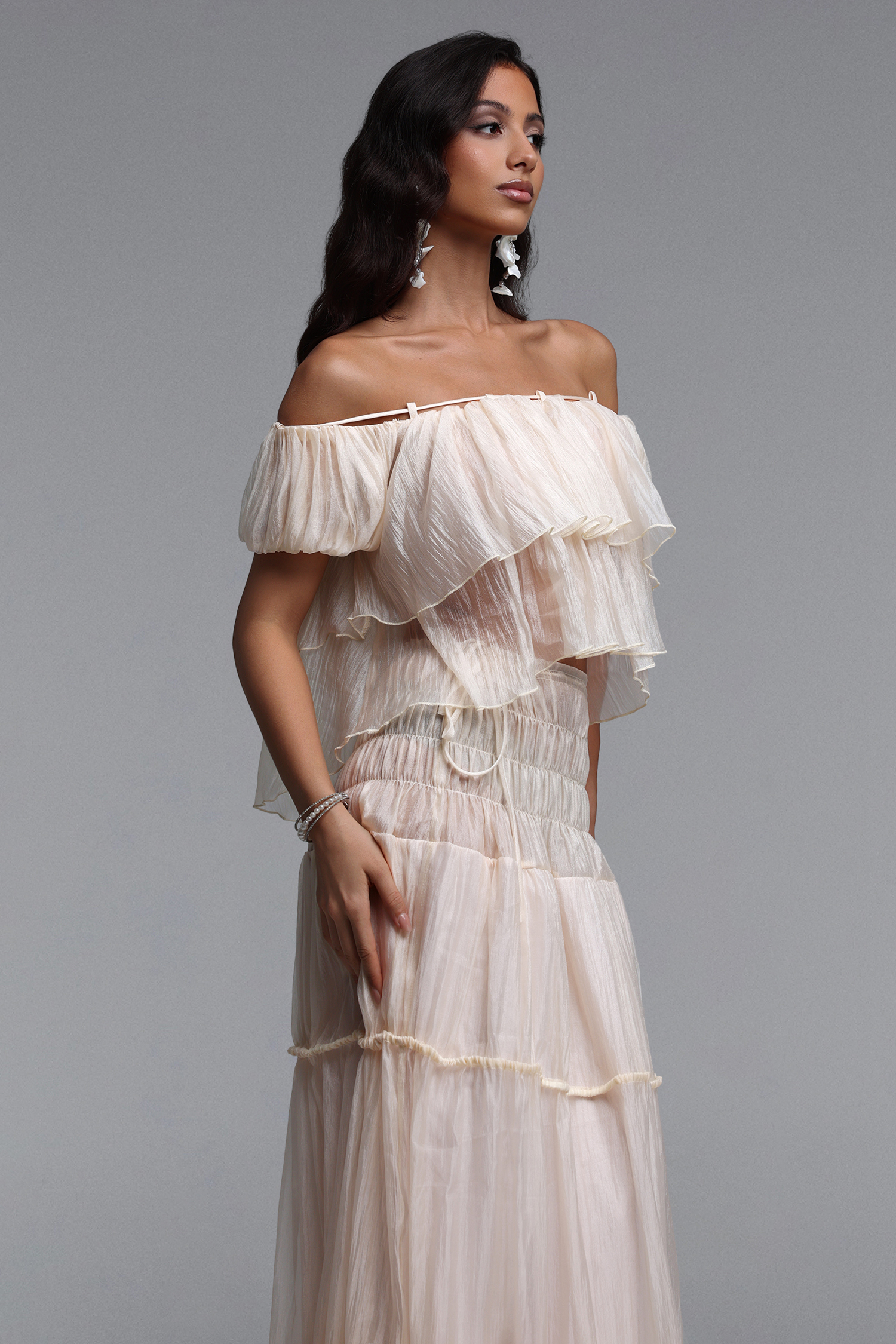 Vanessa Resort Flowy Ruffle Off Shoulder Organza Top and Skirt Two Piece Set