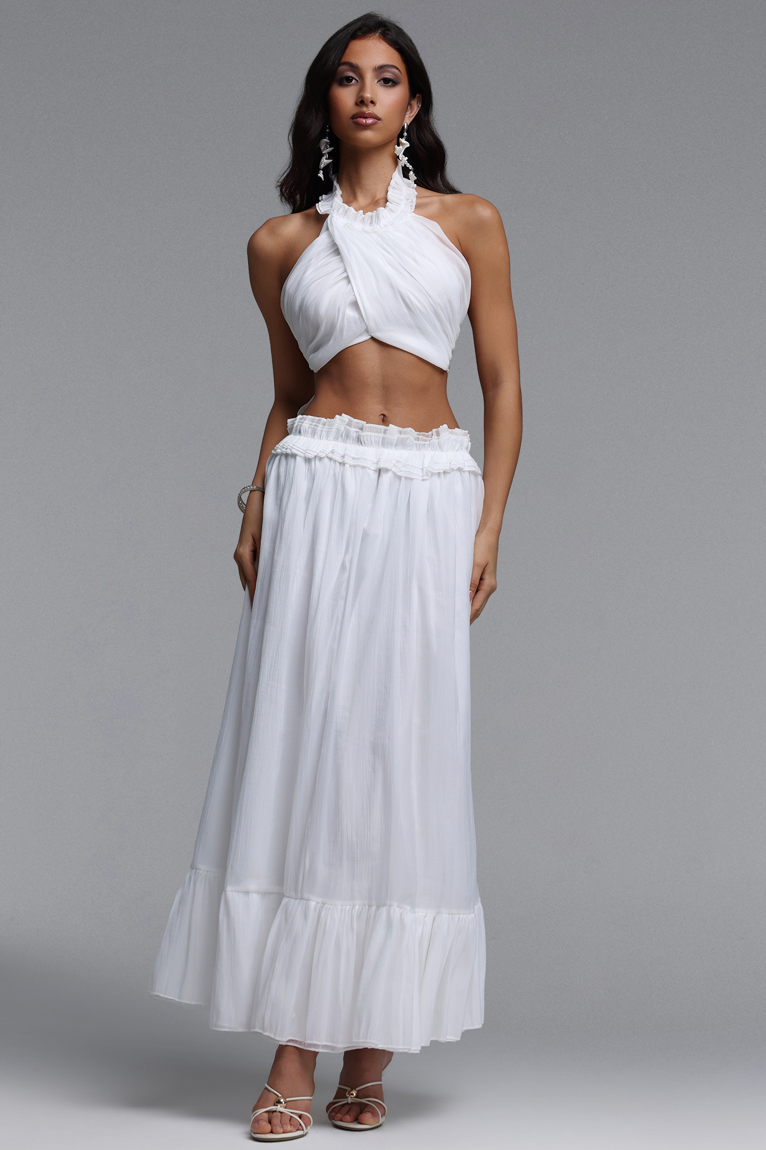 Kasuni Resort Flowy Sleeveless Ruffle Woven Top and Skirt Two Piece Set