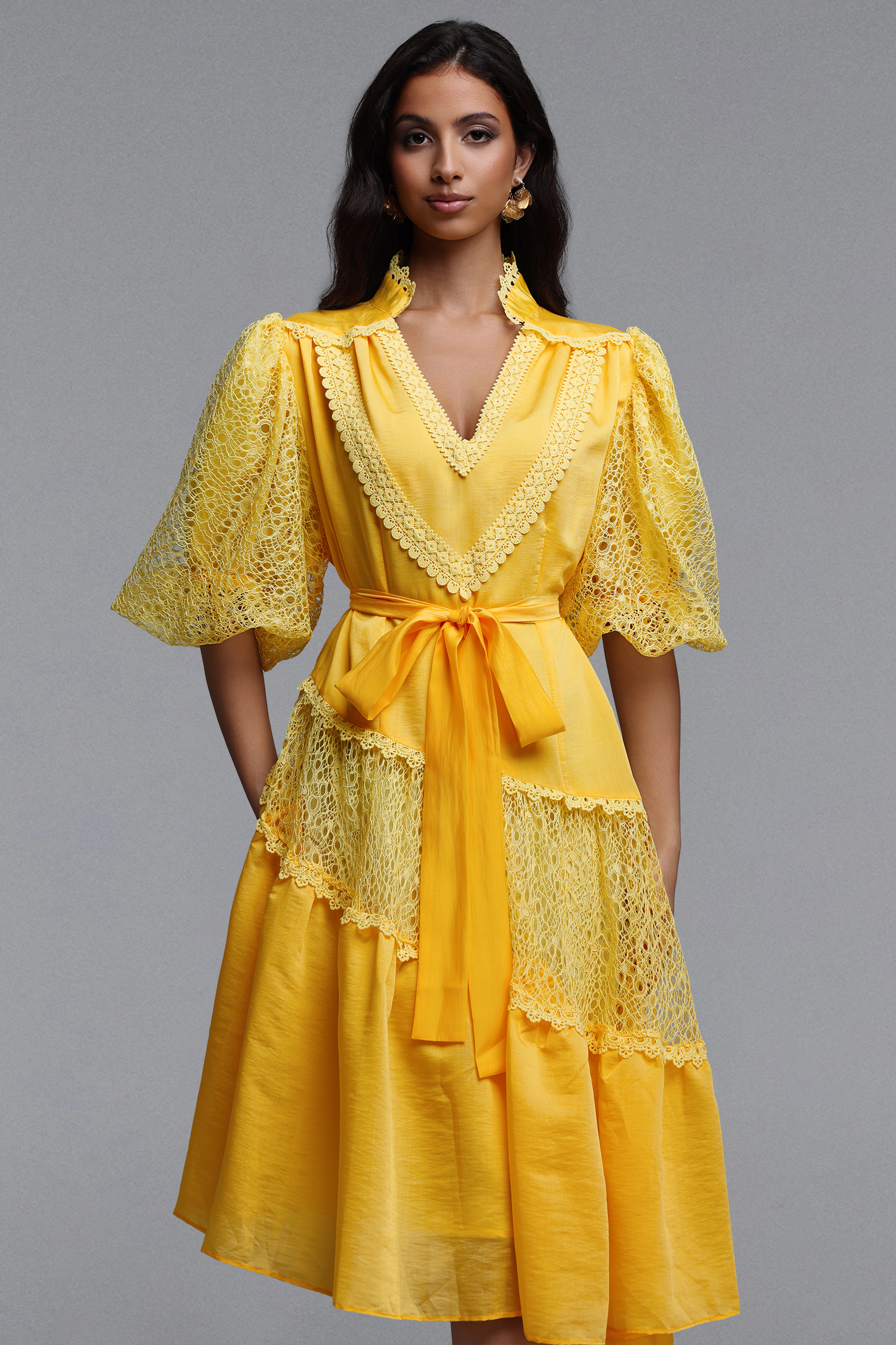 Kila Resort Flowy V Neck Puff Sleeve Woven Mini Dress