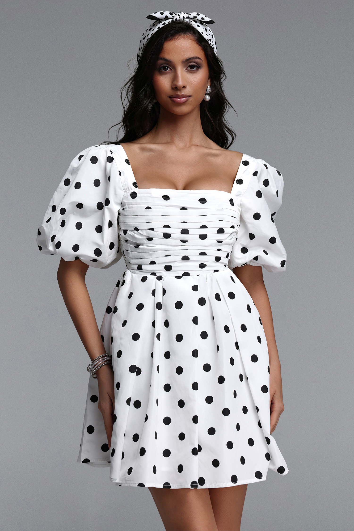 Kaitlyn Classic Tailored Puff Sleeve Polka Dot Ruched Woven Mini Dress