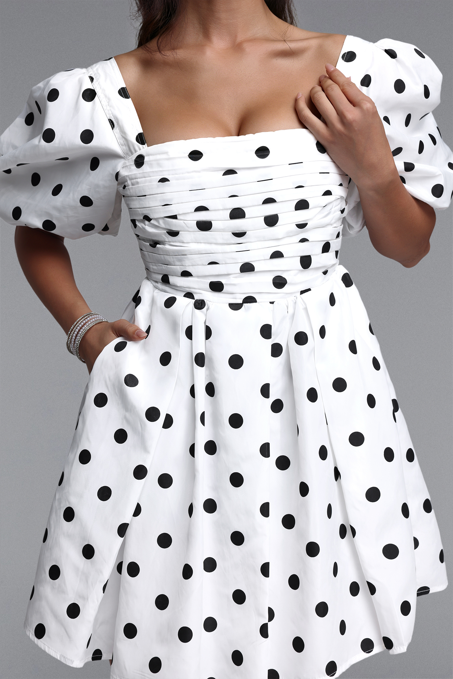 Kaitlyn Classic Tailored Puff Sleeve Polka Dot Ruched Woven Mini Dress