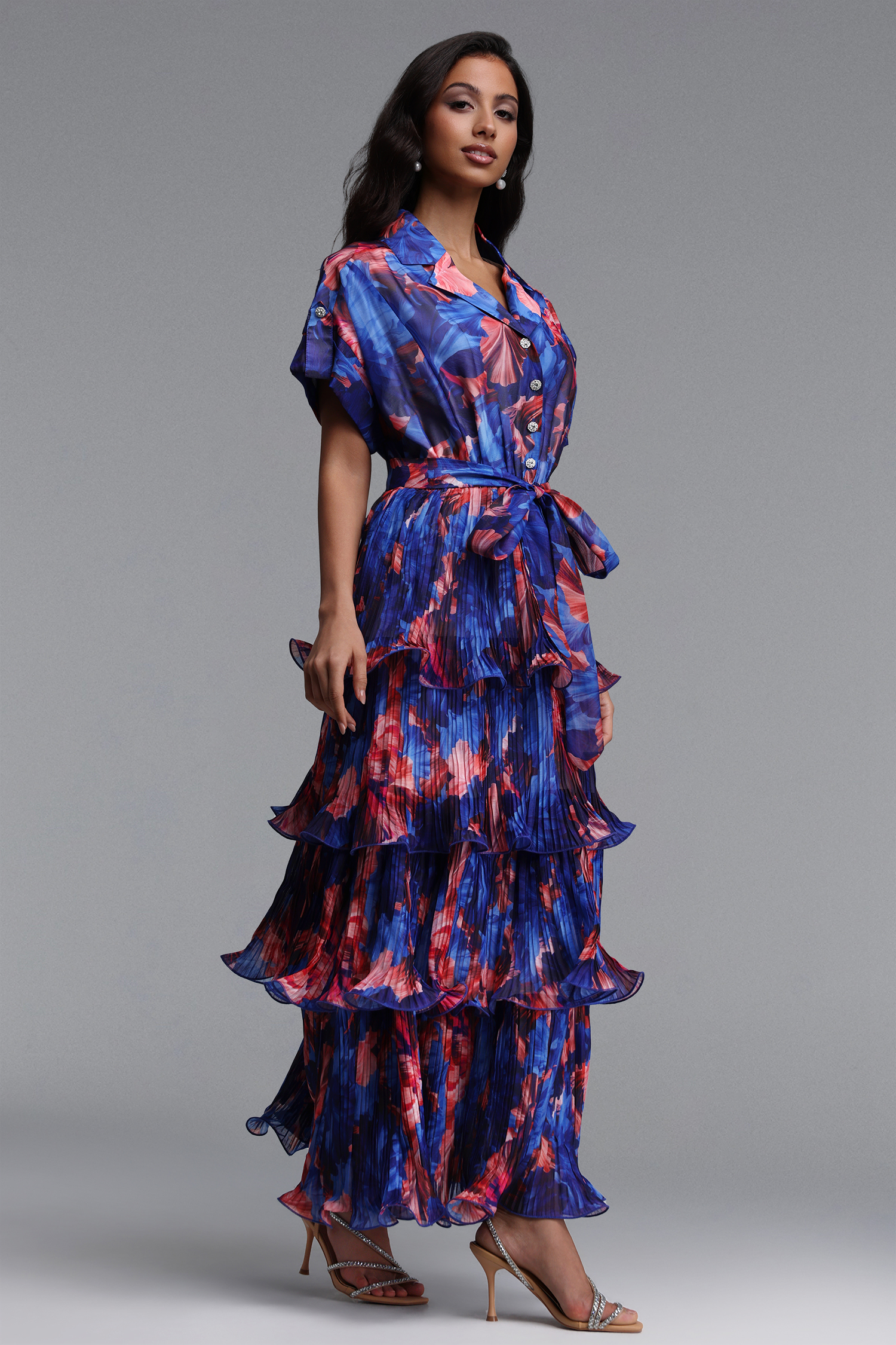Dinah Resort Flowy Short Sleeve Ruffle Floral Print Maxi Dress