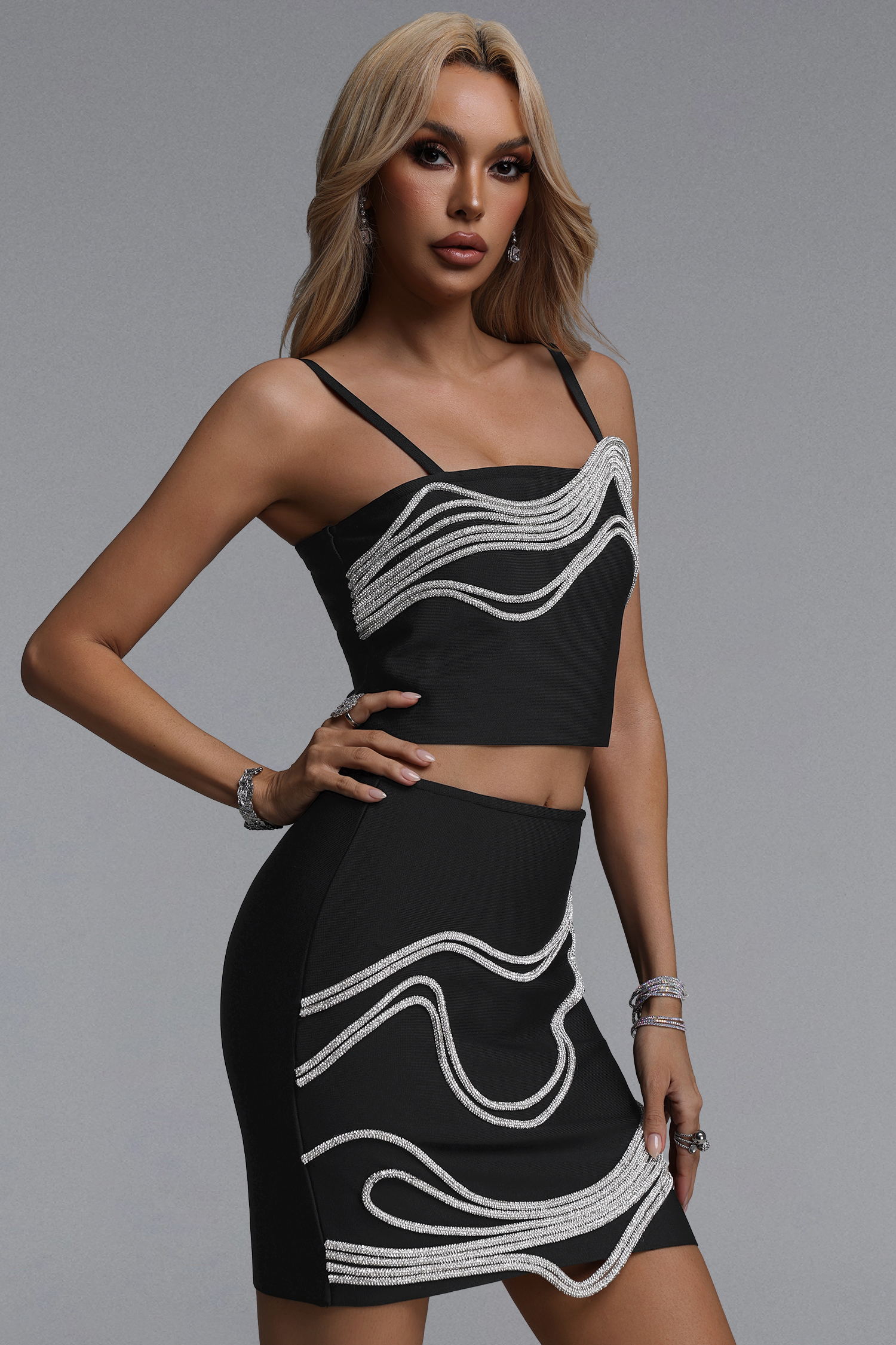 Madelynn Chic Contour Rhinestone Chain Bandage Top and Skirt Set