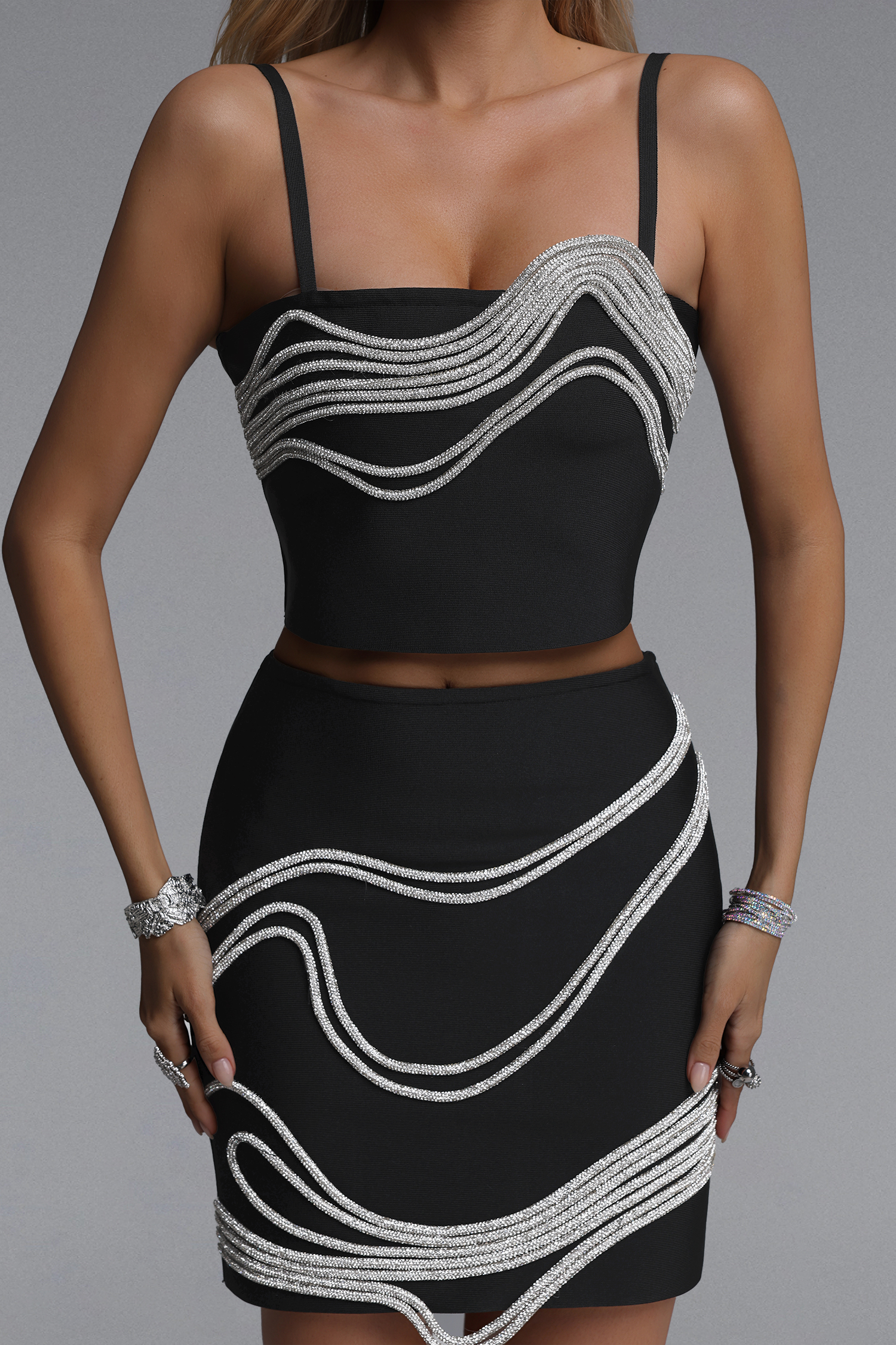meltthelady メルトザレディ drape string tops Madelynn Chic Contour Rhinestone Chain Bandage Top and Skirt Set