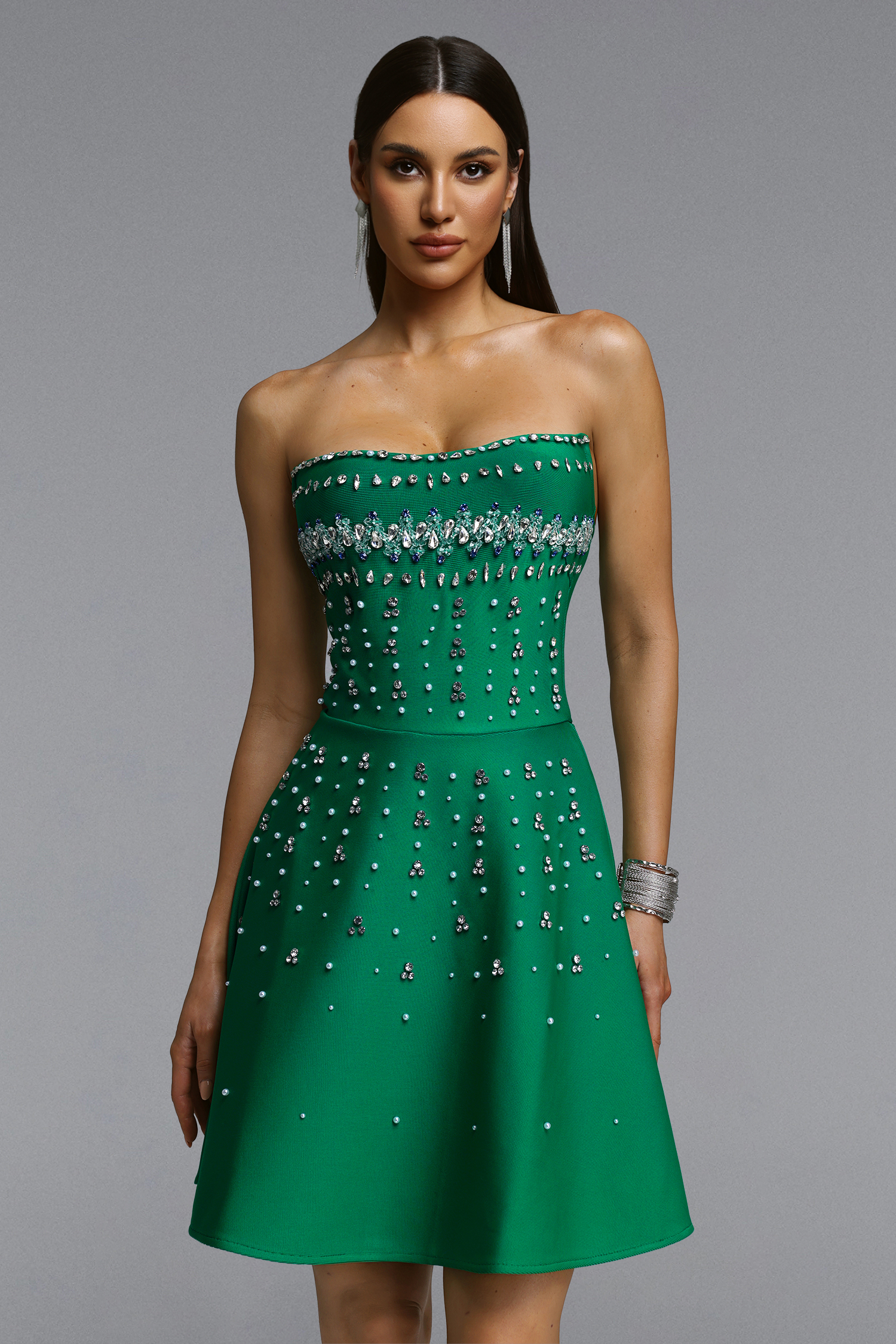 Zarinny Glamorous Contour Strapless Rhinestone Bandage Mini Dress