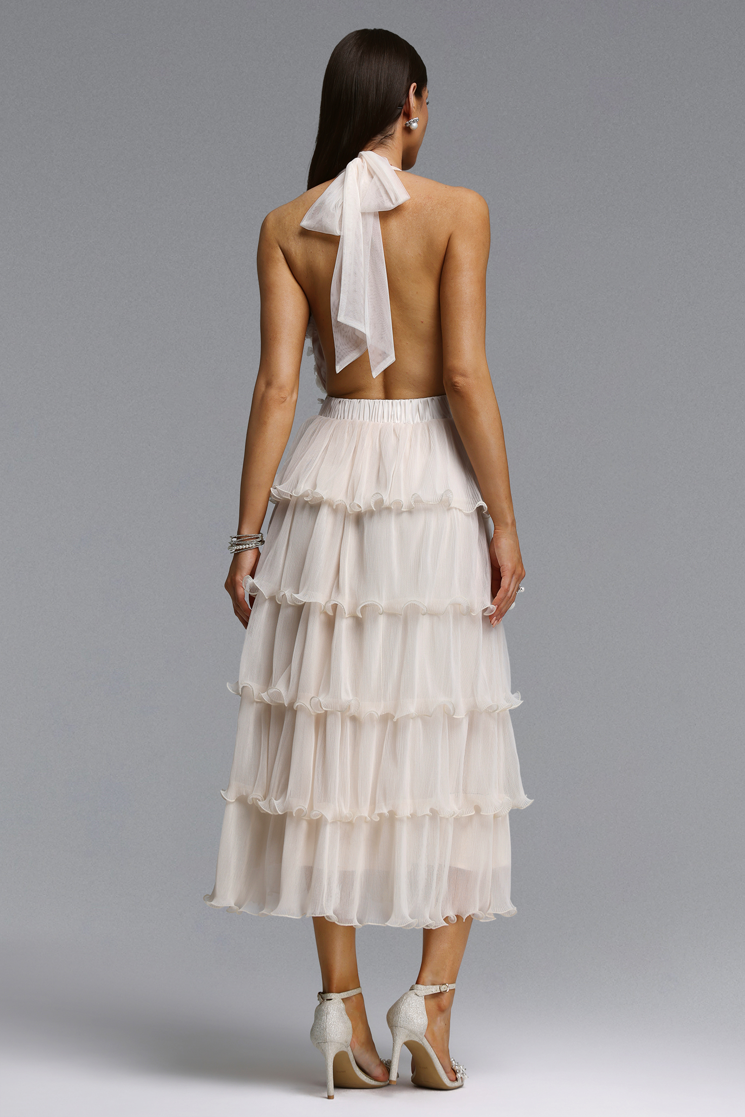 Doluo Elegant Flowy V Neck Halter Tiered Ruffle Floral Maxi Dress