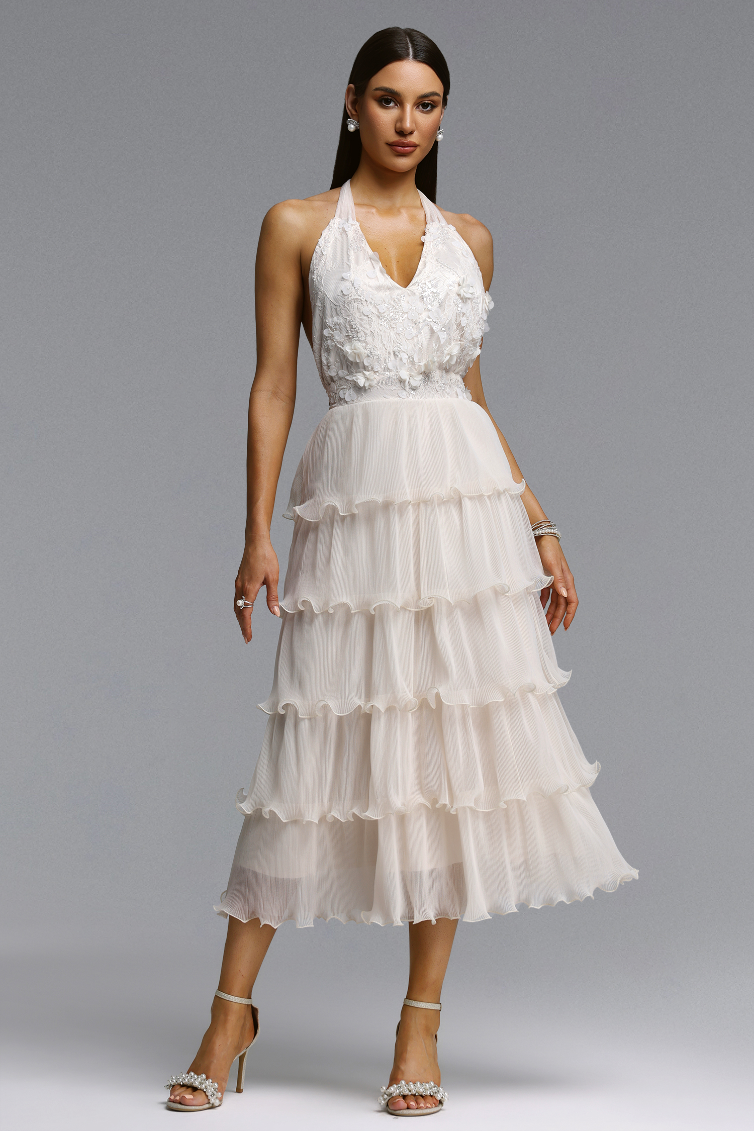 Doluo Elegant Flowy V Neck Halter Tiered Ruffle Floral Maxi Dress