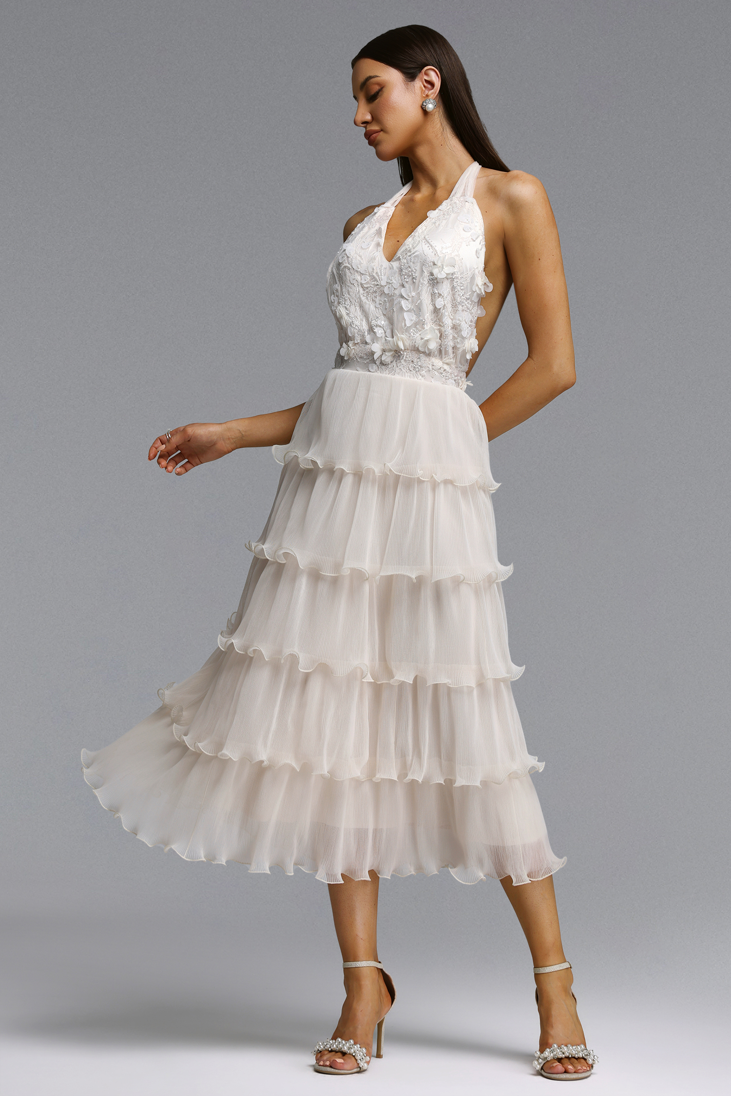 Doluo Elegant Flowy V Neck Halter Tiered Ruffle Floral Maxi Dress