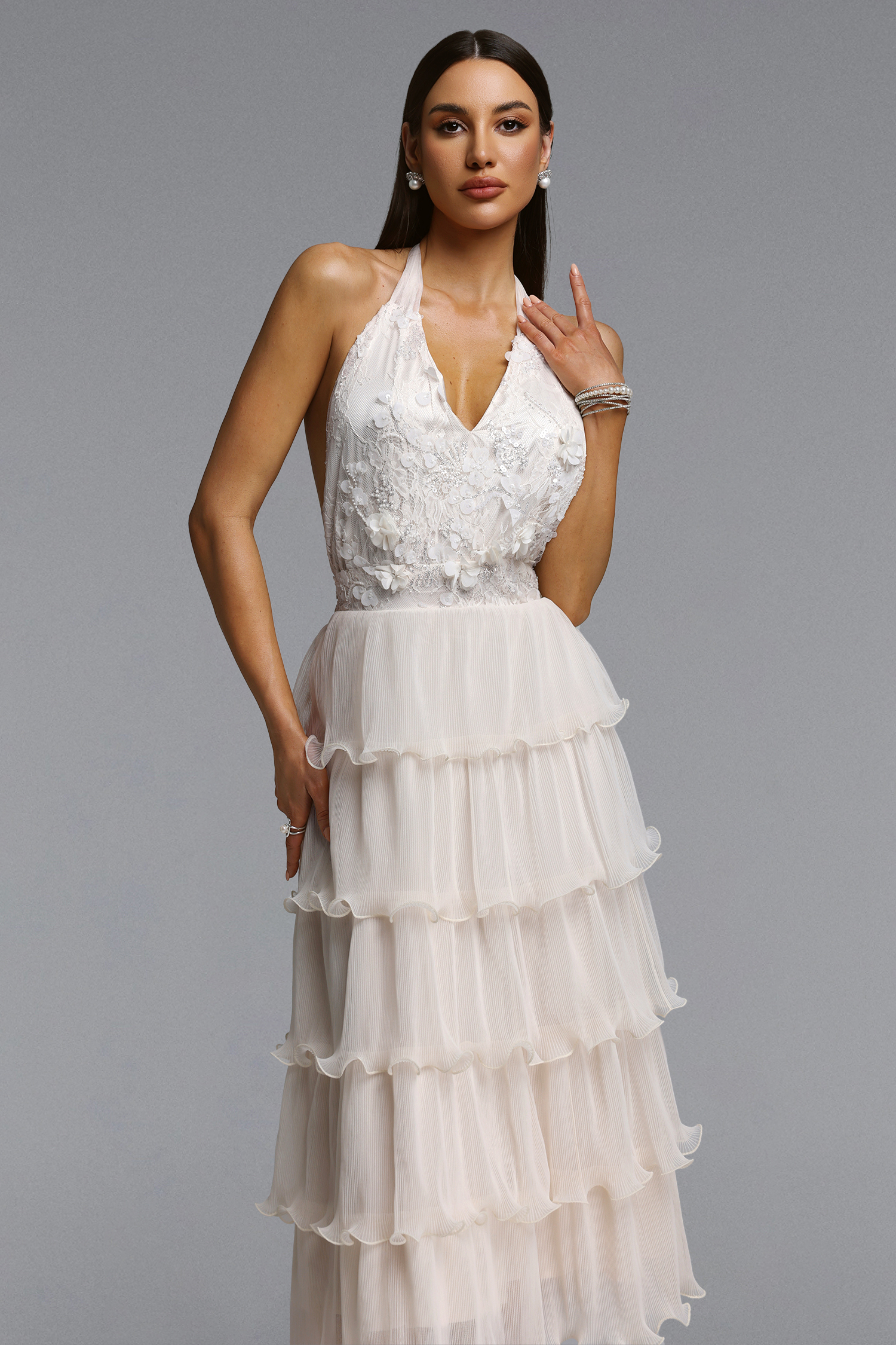 Doluo Elegant Flowy V Neck Halter Tiered Ruffle Floral Maxi Dress