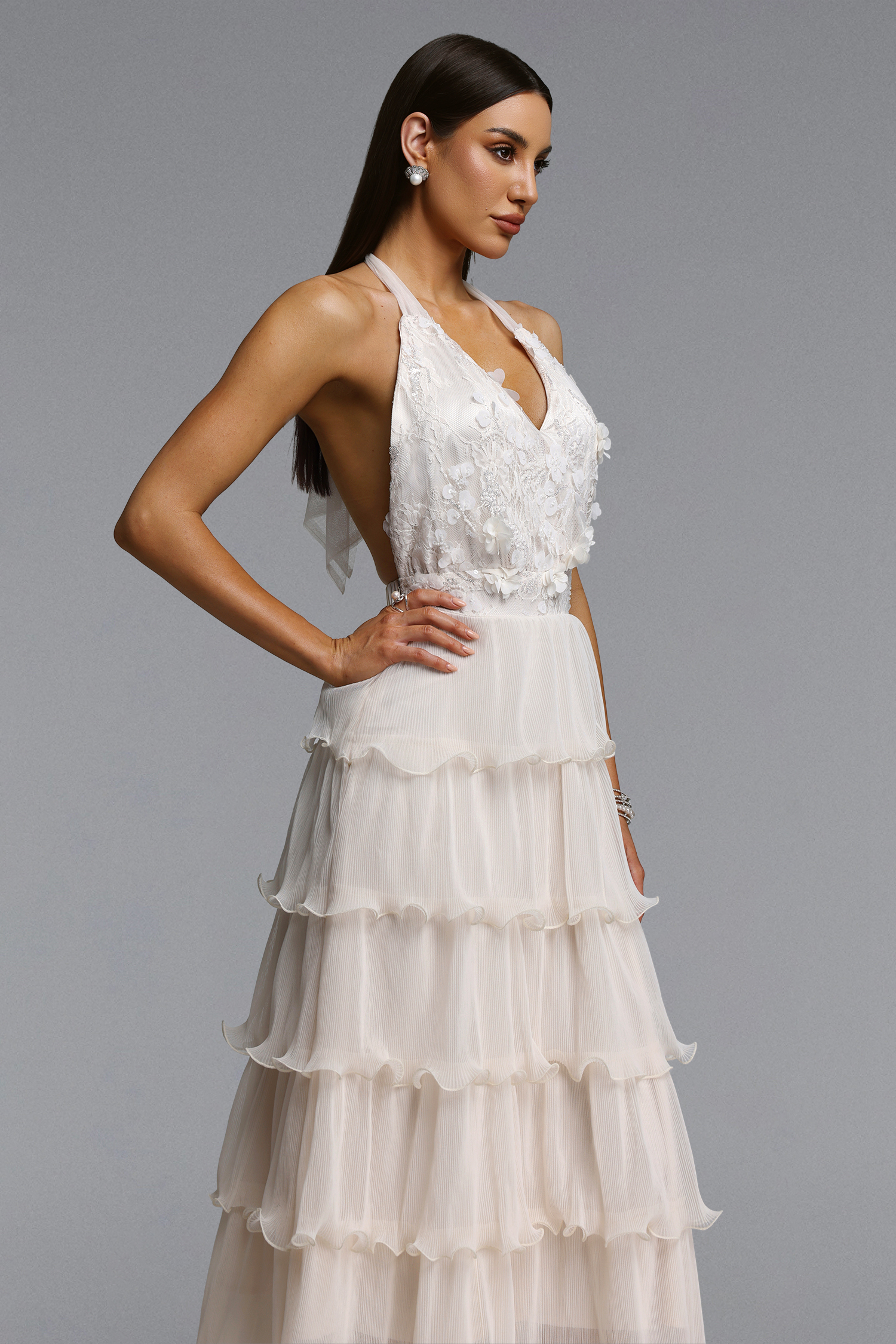 Doluo Elegant Flowy V Neck Halter Tiered Ruffle Floral Maxi Dress
