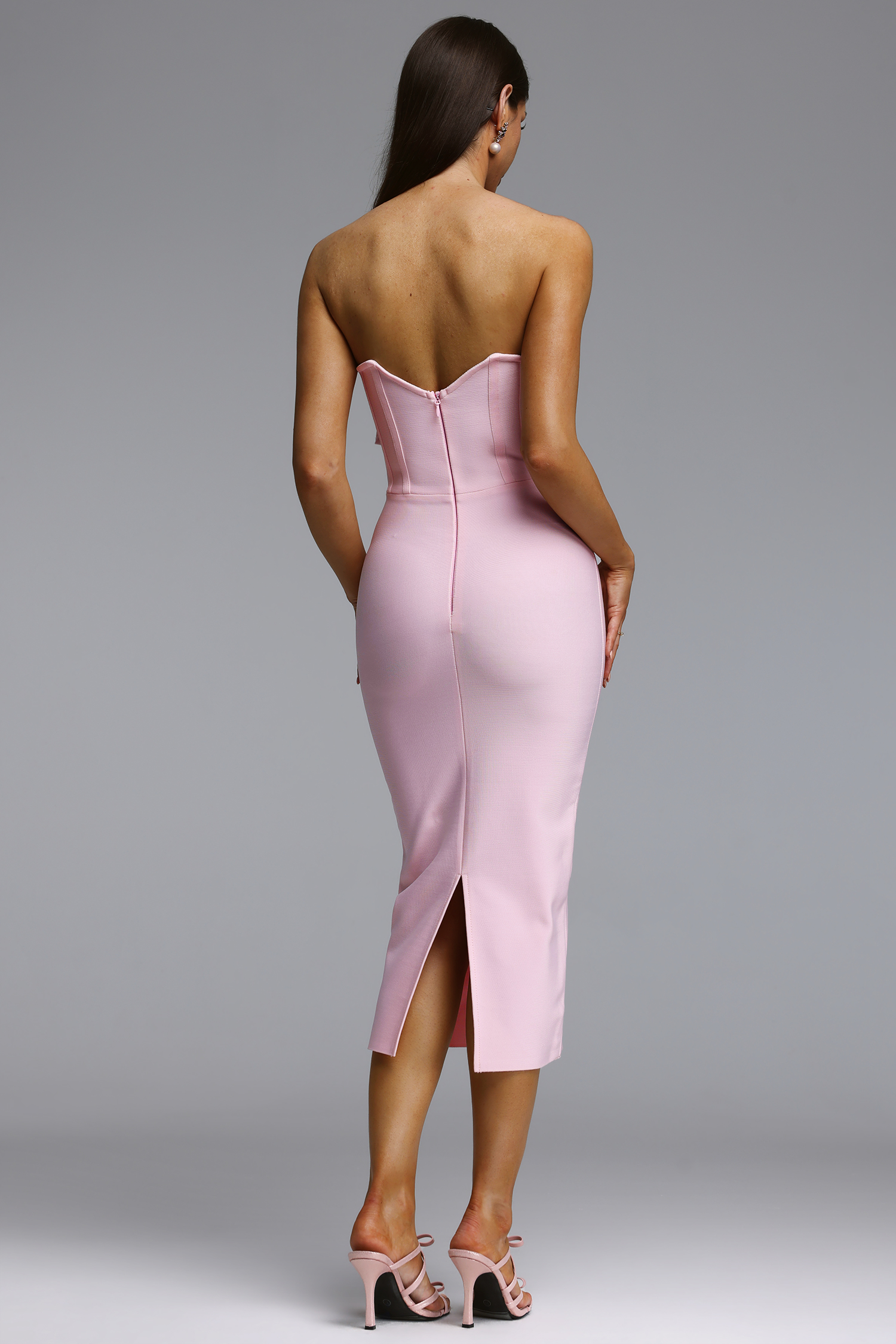 Rumi Romantic Contour Strapless Floral Bandage Midi Dress