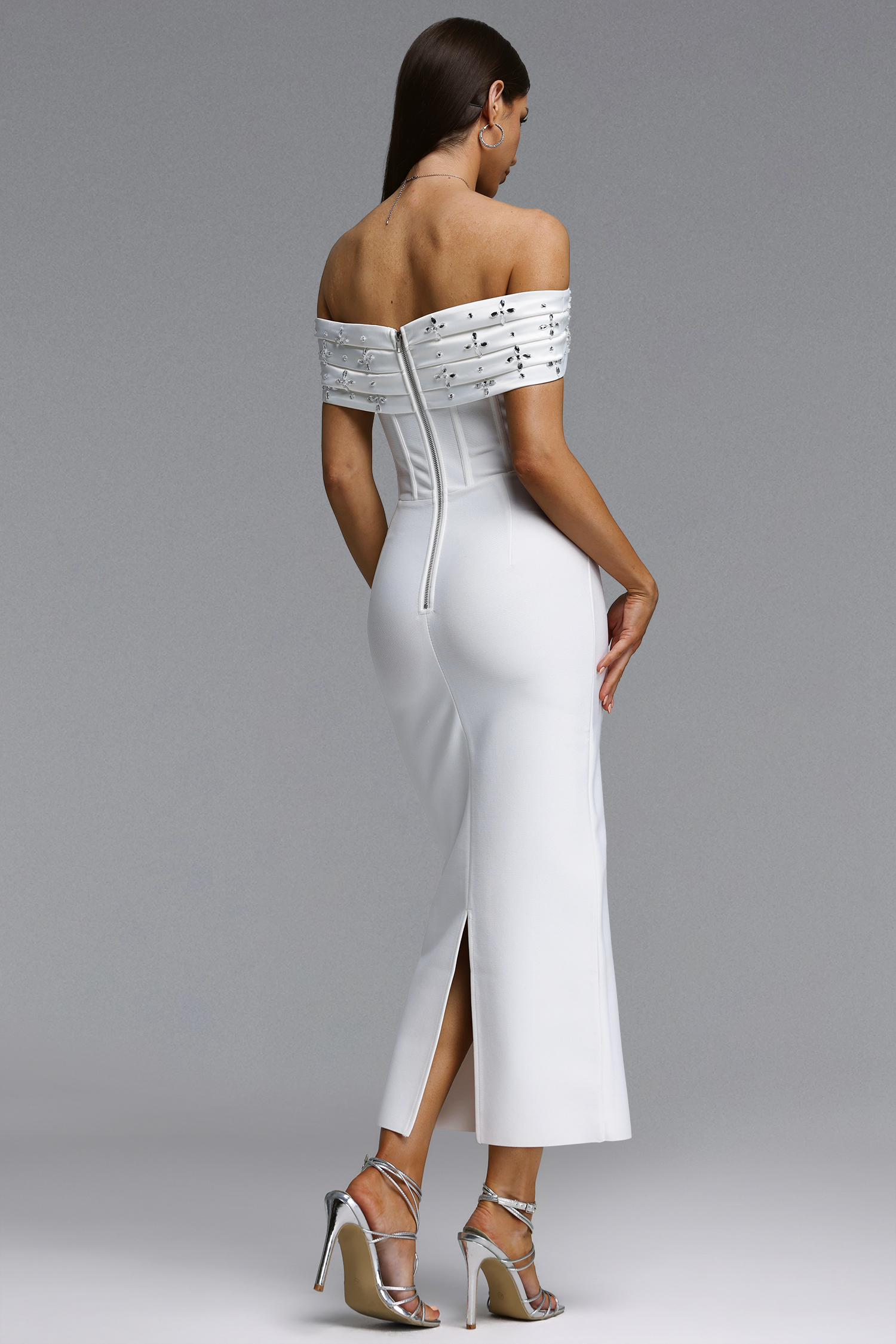 Tihila Elegant Contour Off Shoulder Rhinestone Bow Bandage Maxi Dress