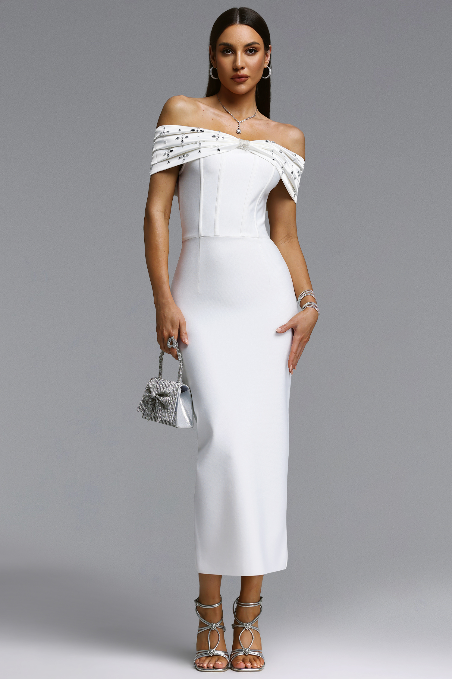 Tihila Elegant Contour Off Shoulder Rhinestone Bow Bandage Maxi