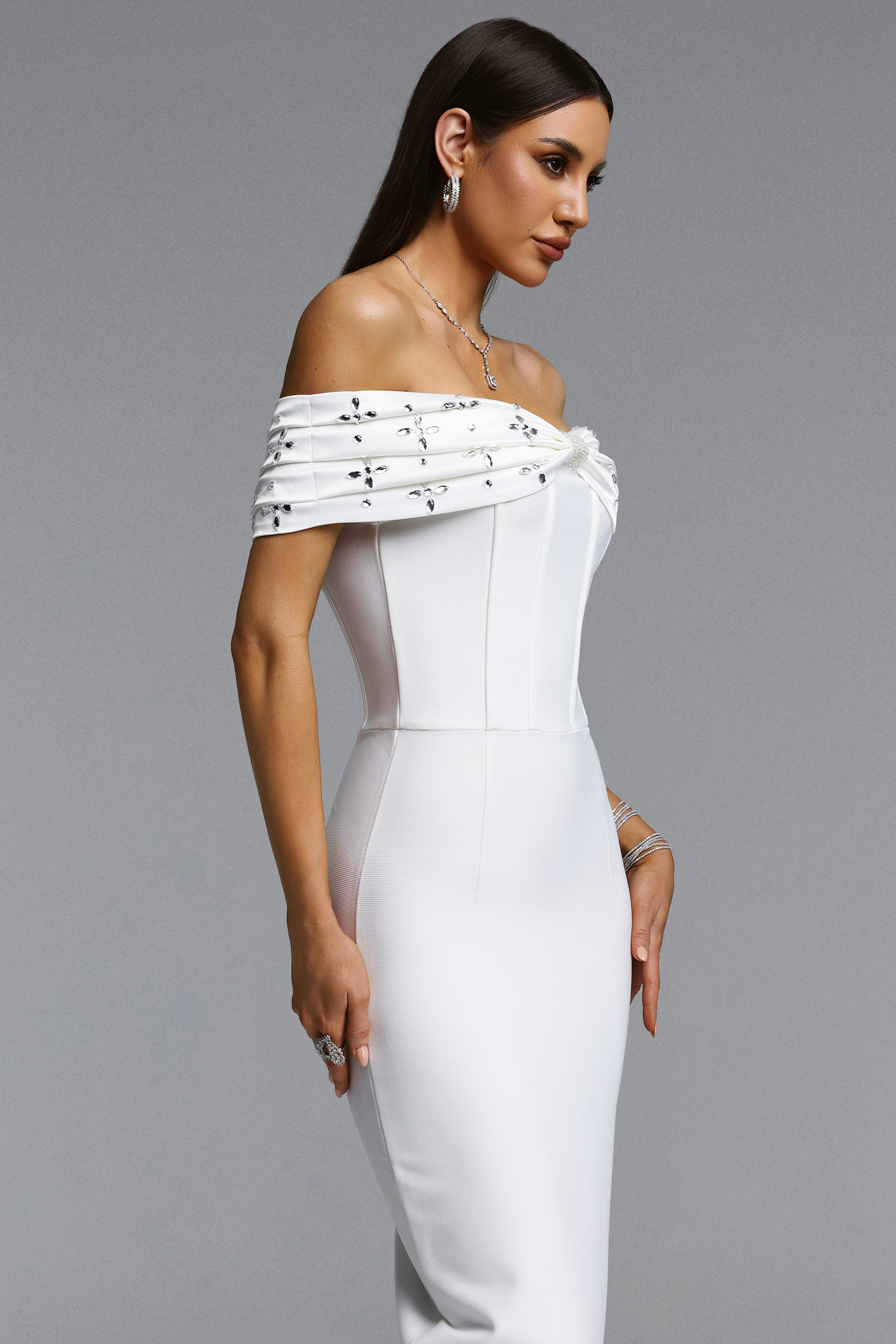 Tihila Elegant Contour Off Shoulder Rhinestone Bow Bandage Maxi Dress