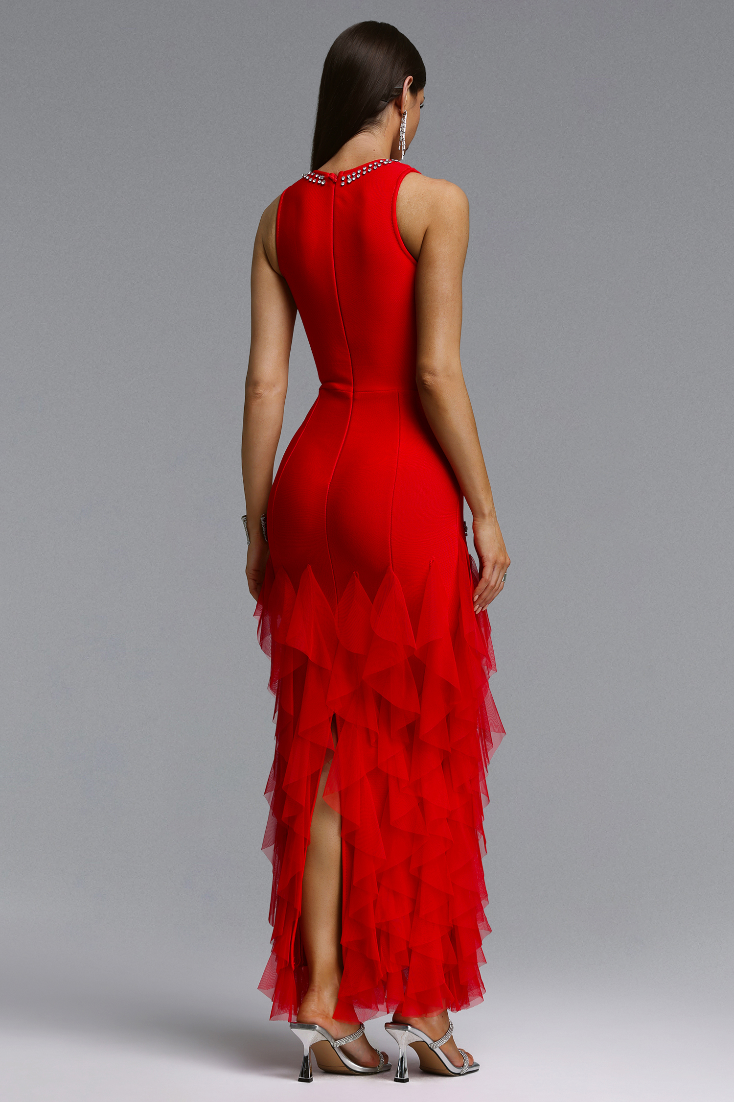 Katy Chic Contour Rhinestone Floral Bandage Red Maxi Dress