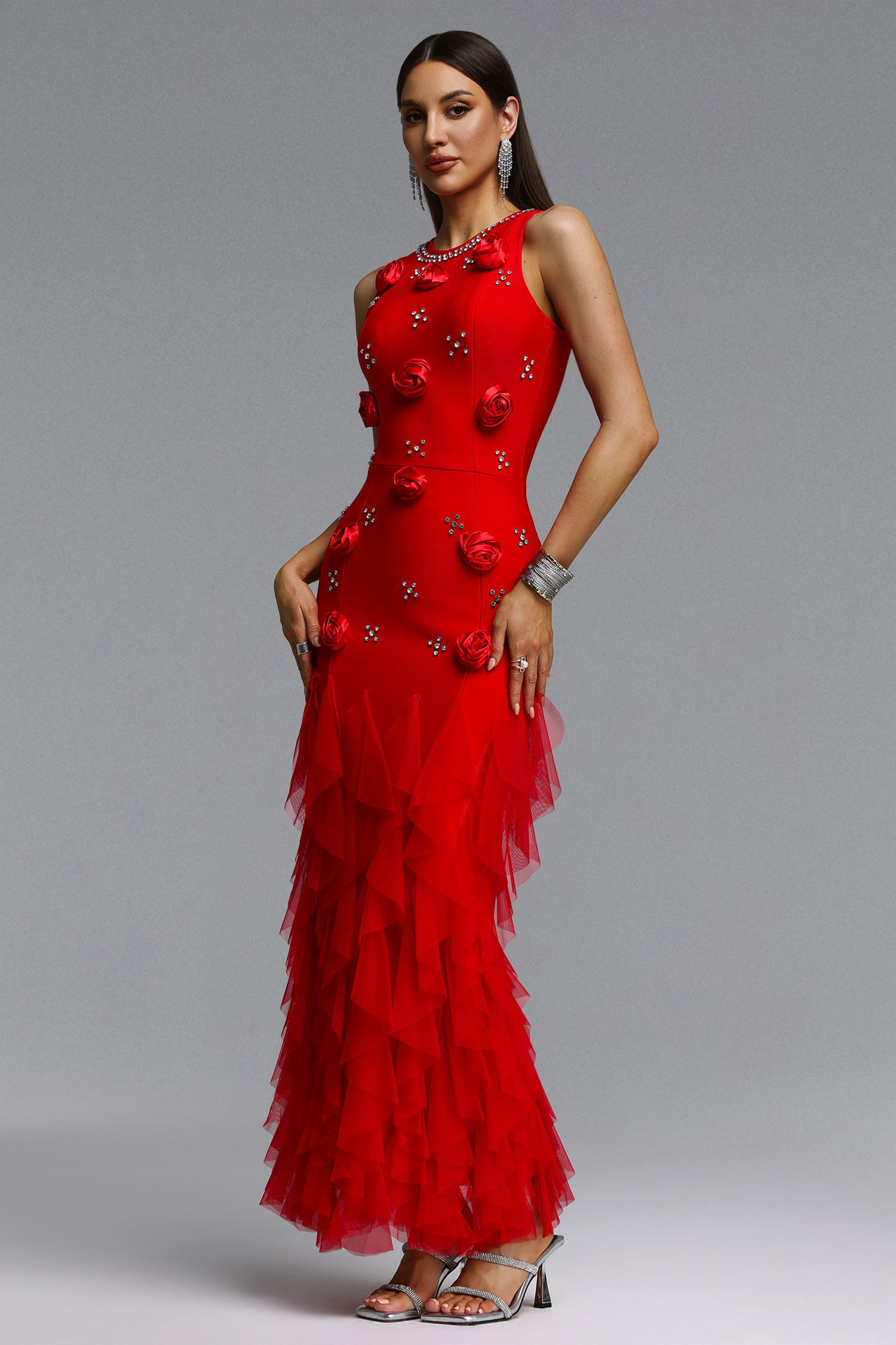 Katy Chic Contour Rhinestone Floral Bandage Red Maxi Dress