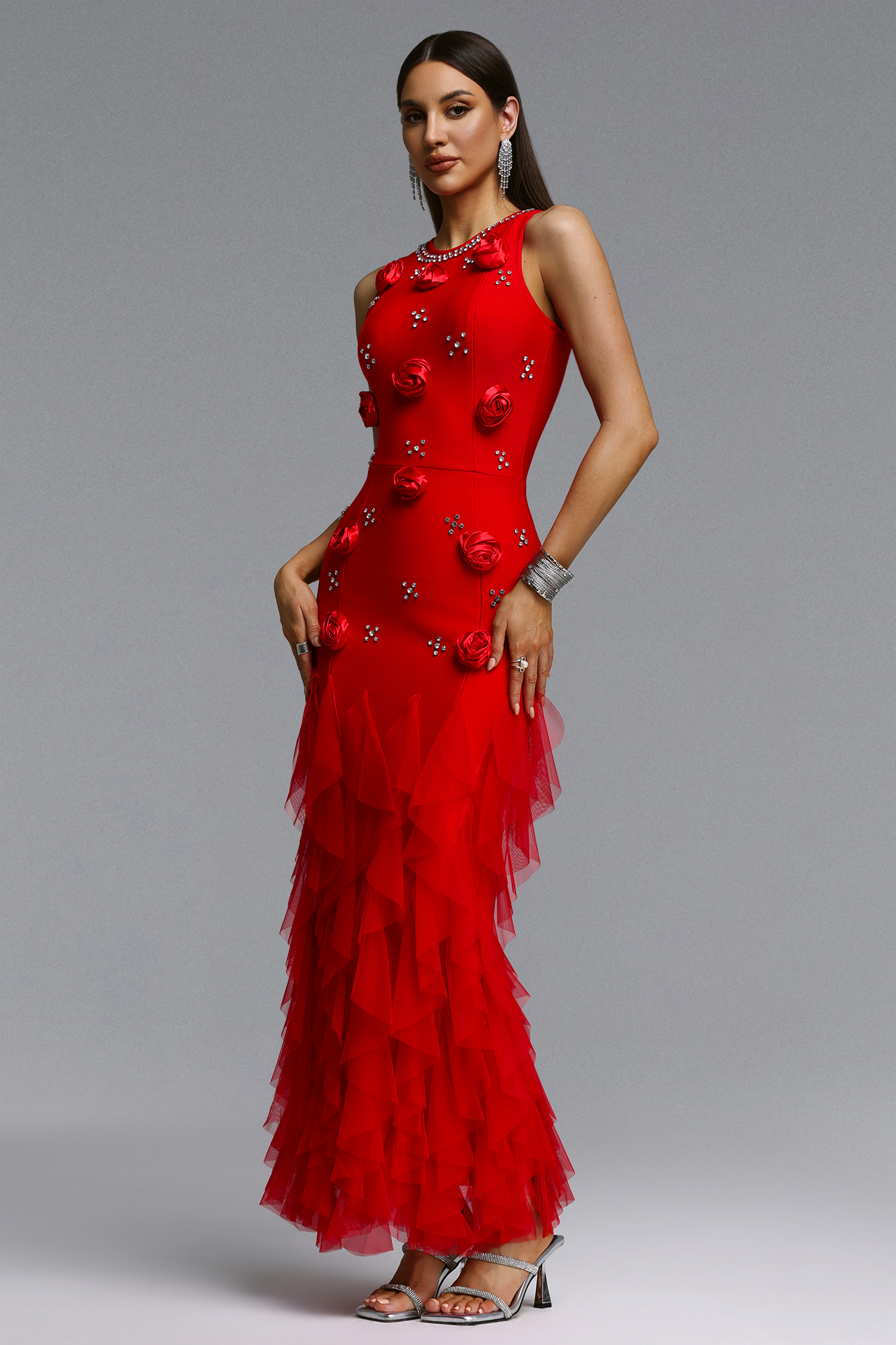 Katy Chic Contour Rhinestone Floral Bandage Red Maxi Dress